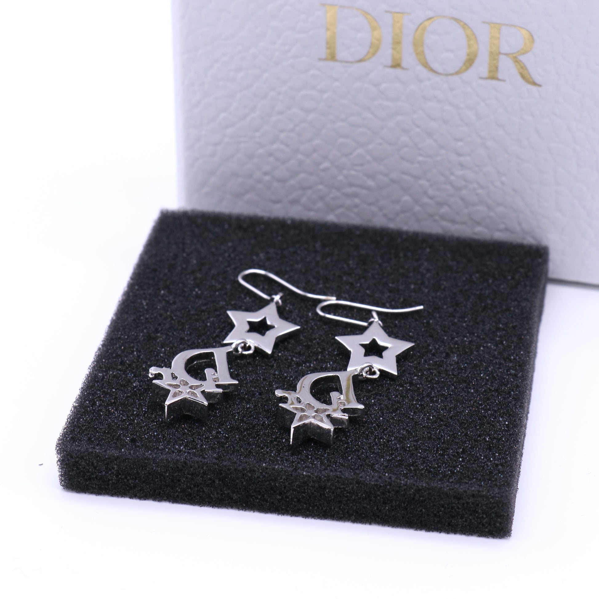 Christian Dior Logo Star Rhinestone Silver Tone Earrings twins W21436