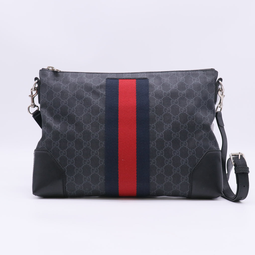 Soft GG Supreme Monogram Appia Calfskin Web East West Messenger Bag Black Grey B23962