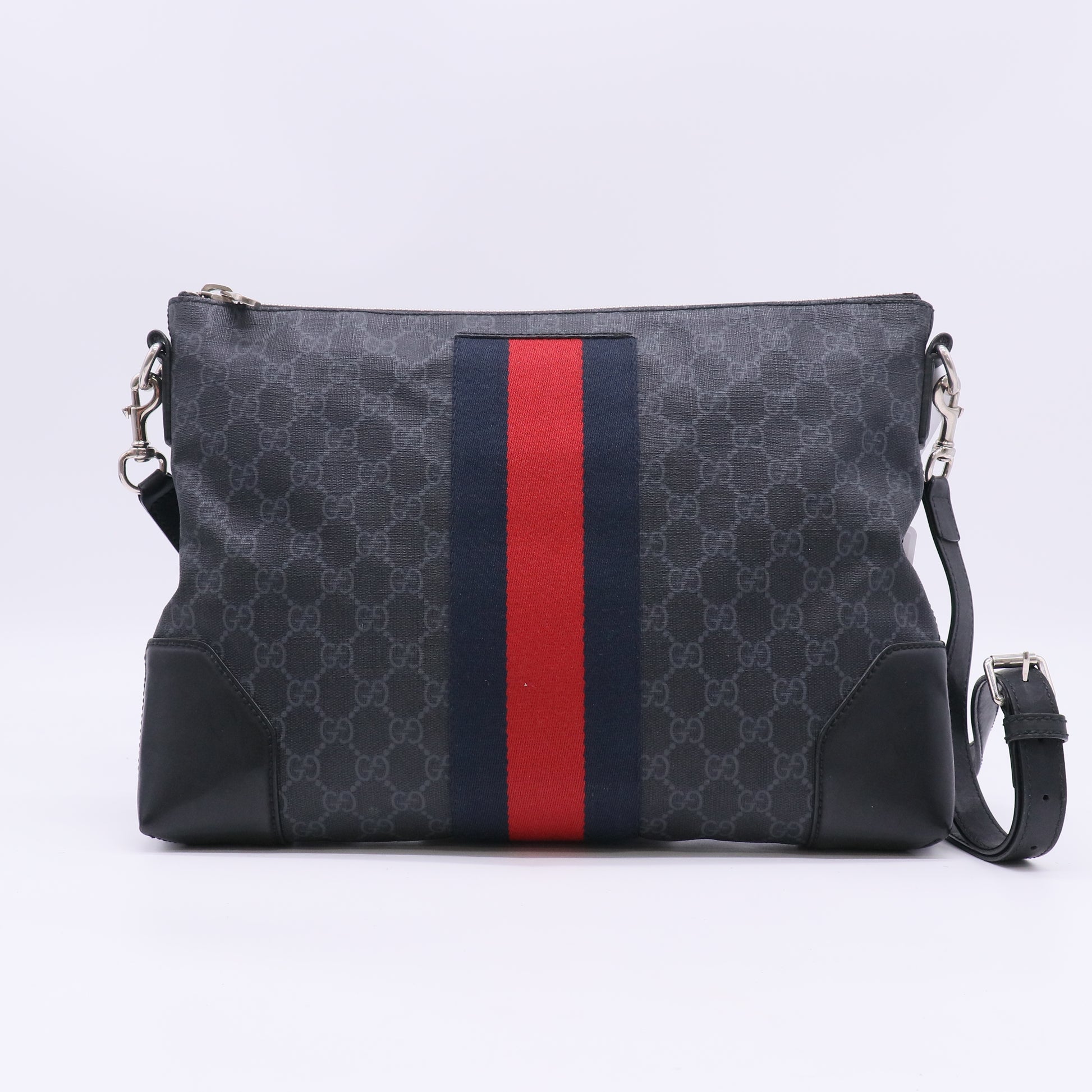 Soft GG Supreme Monogram Appia Calfskin Web East West Messenger Bag Black Grey B23962