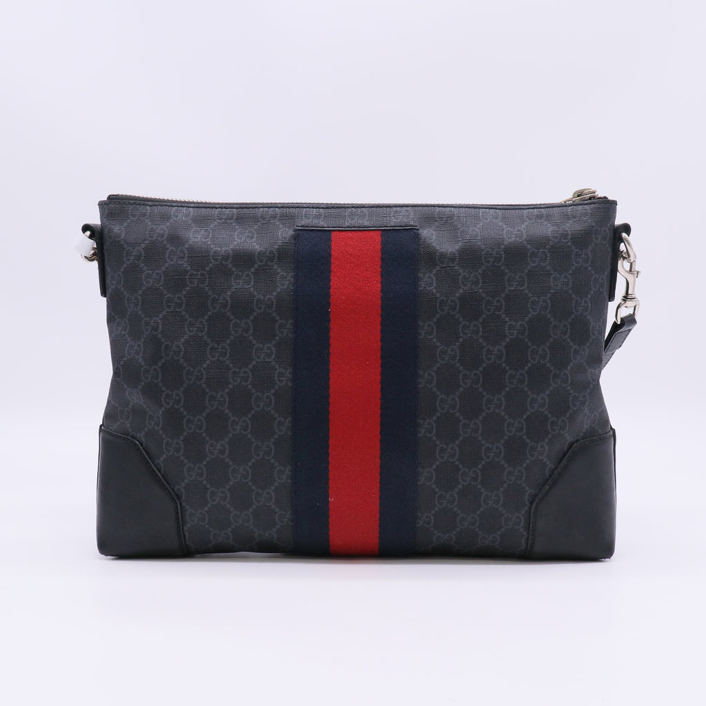 Soft GG Supreme Monogram Appia Calfskin Web East West Messenger Bag Black Grey B23962
