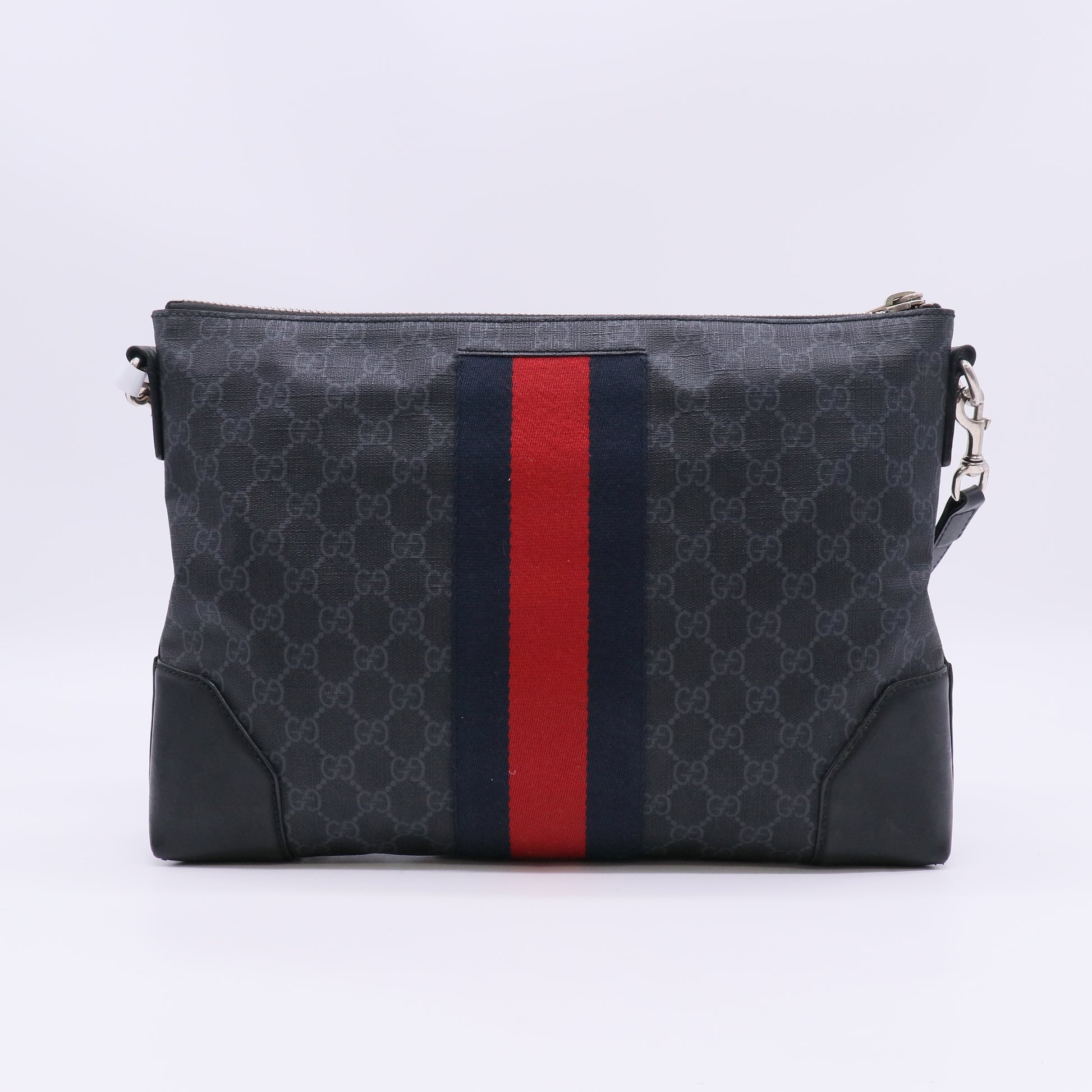 Soft GG Supreme Monogram Appia Calfskin Web East West Messenger Bag Black Grey B23962