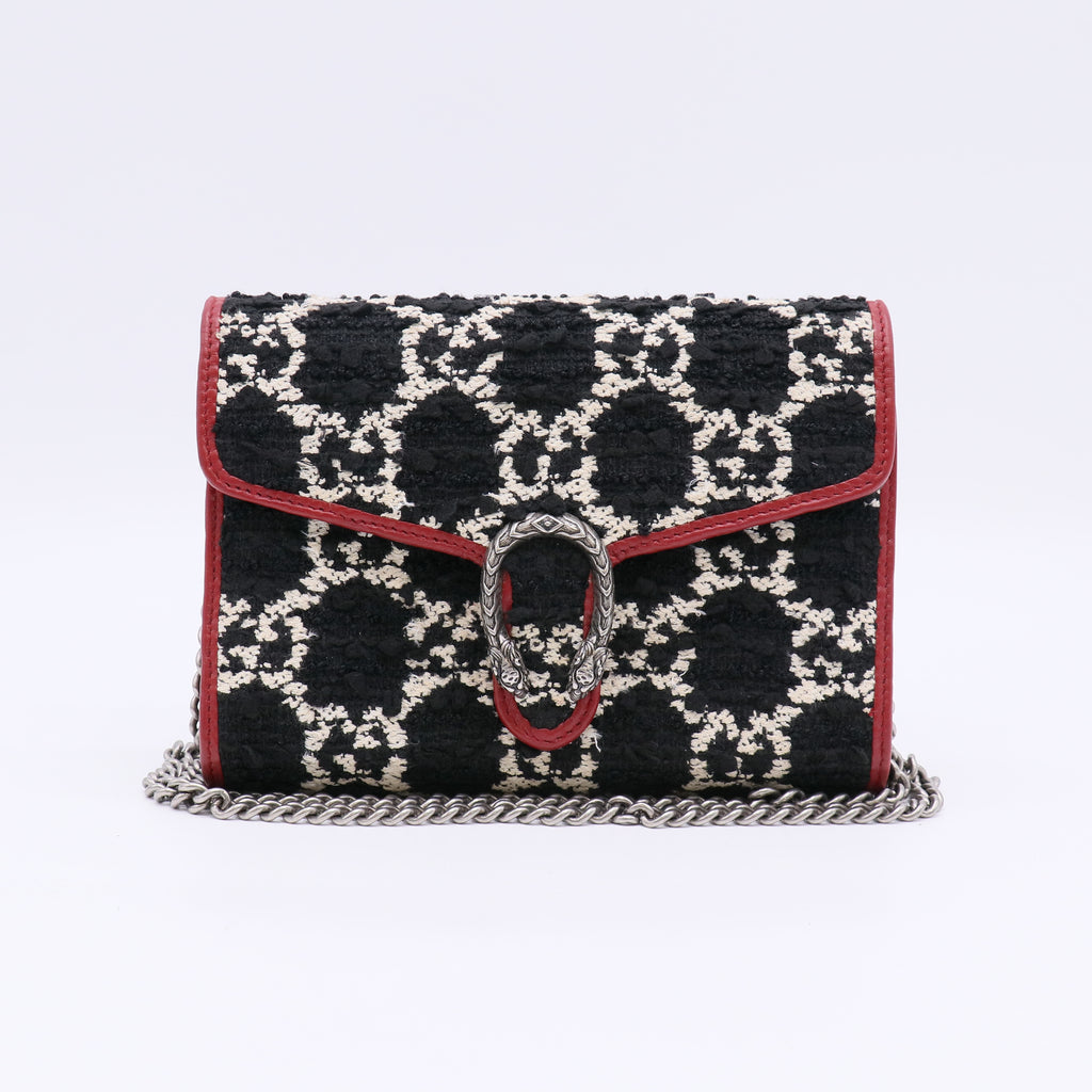 Tweed GG Monogram Mini Dionysus Chain Wallet Black White Romantic Cherry B23158