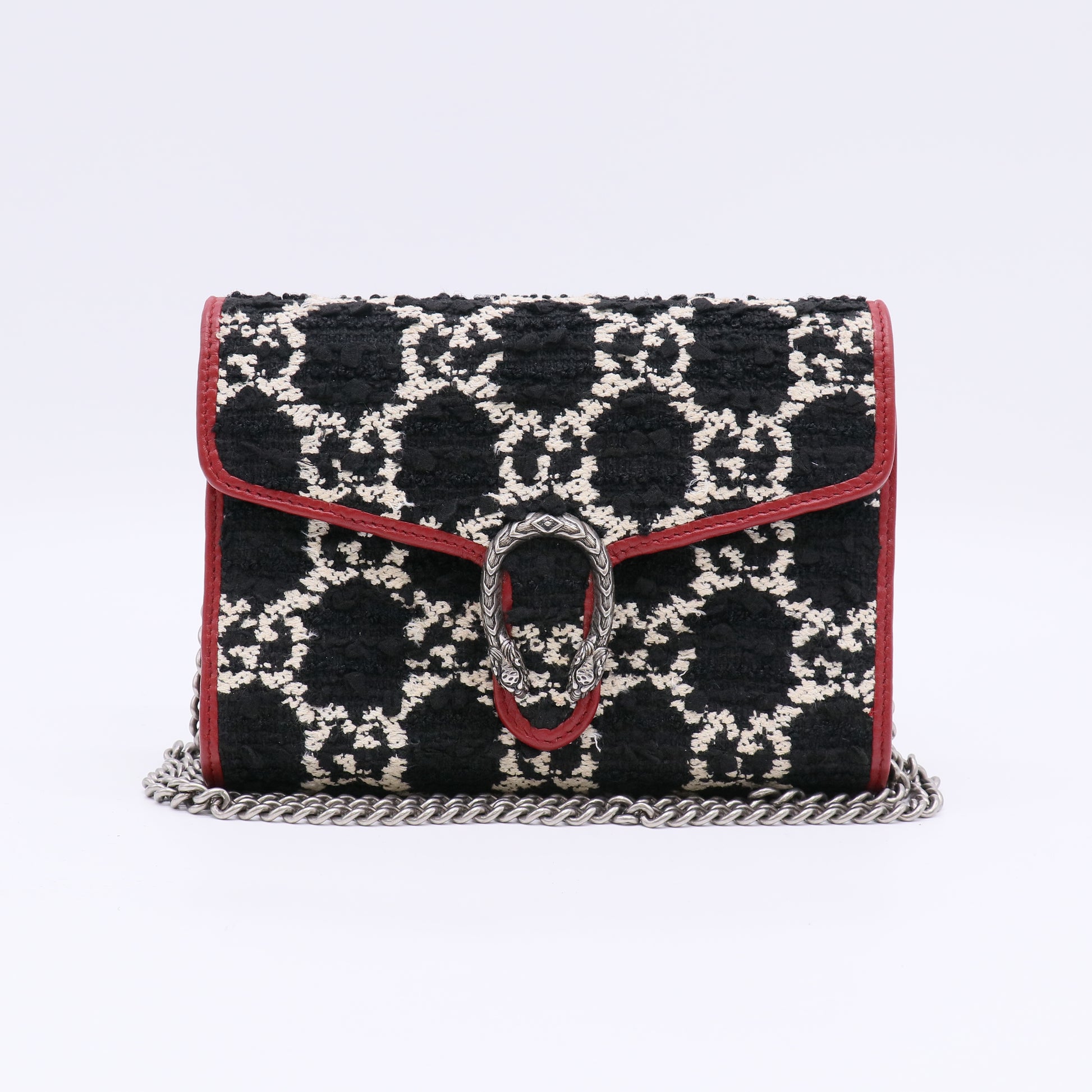 Tweed GG Monogram Mini Dionysus Chain Wallet Black White Romantic Cherry B23158