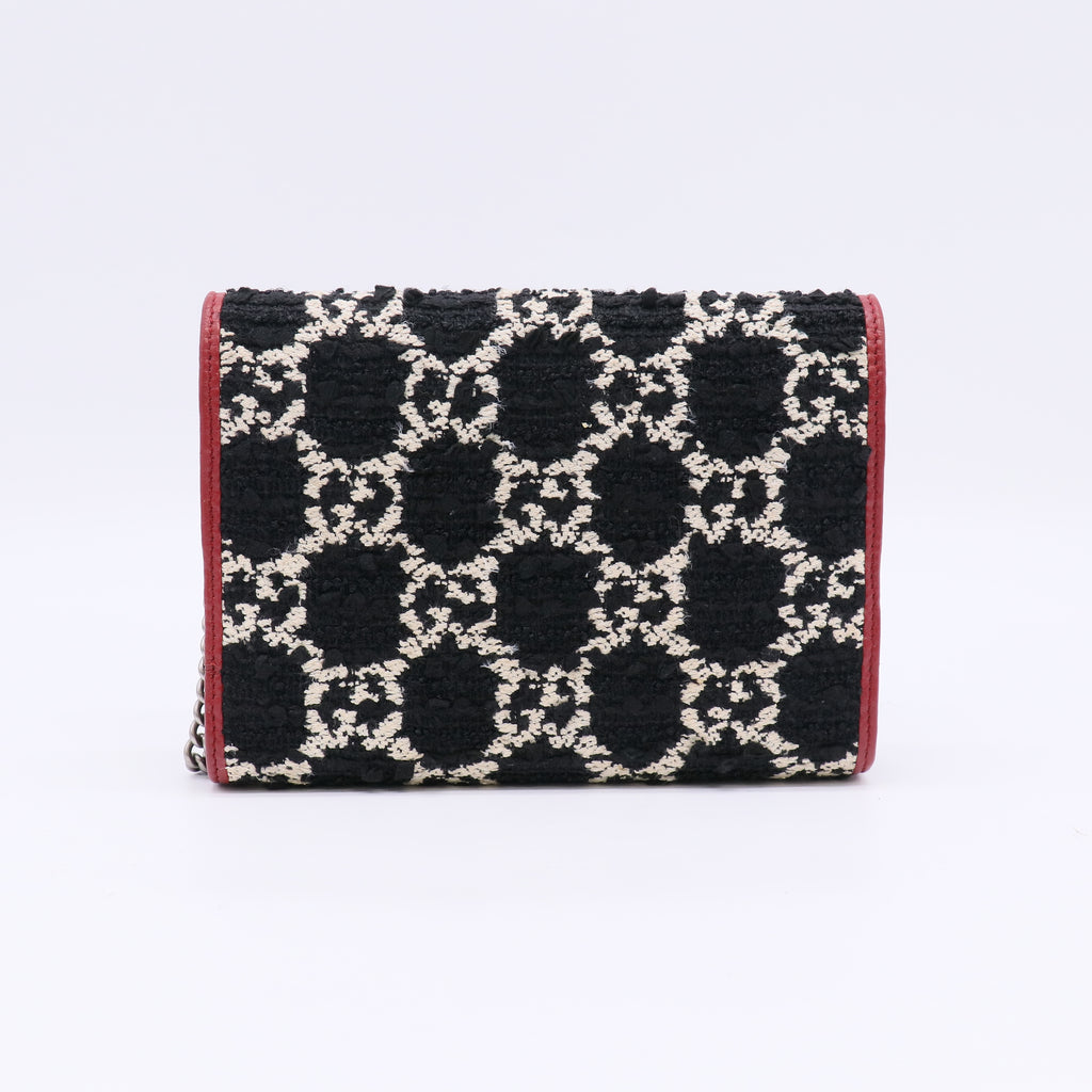 Tweed GG Monogram Mini Dionysus Chain Wallet Black White Romantic Cherry B23158