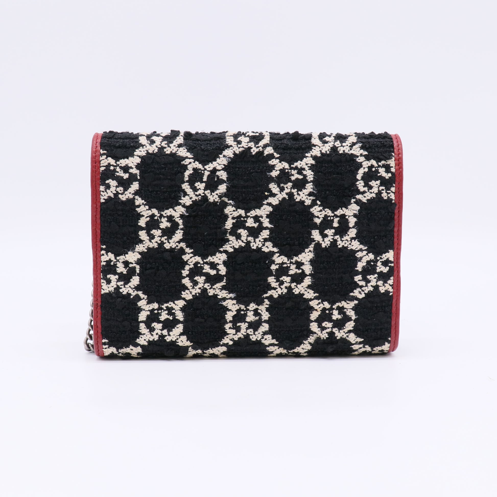 Tweed GG Monogram Mini Dionysus Chain Wallet Black White Romantic Cherry B23158