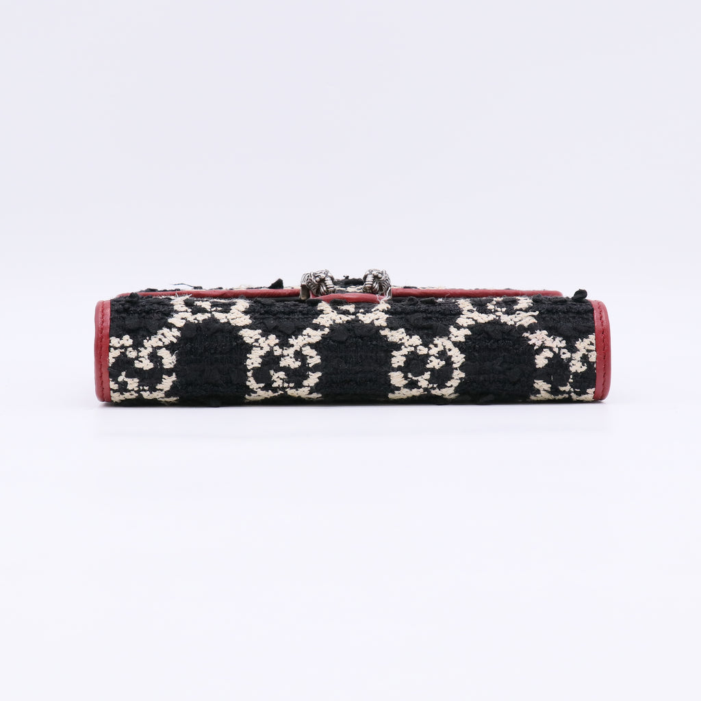 Tweed GG Monogram Mini Dionysus Chain Wallet Black White Romantic Cherry B23158