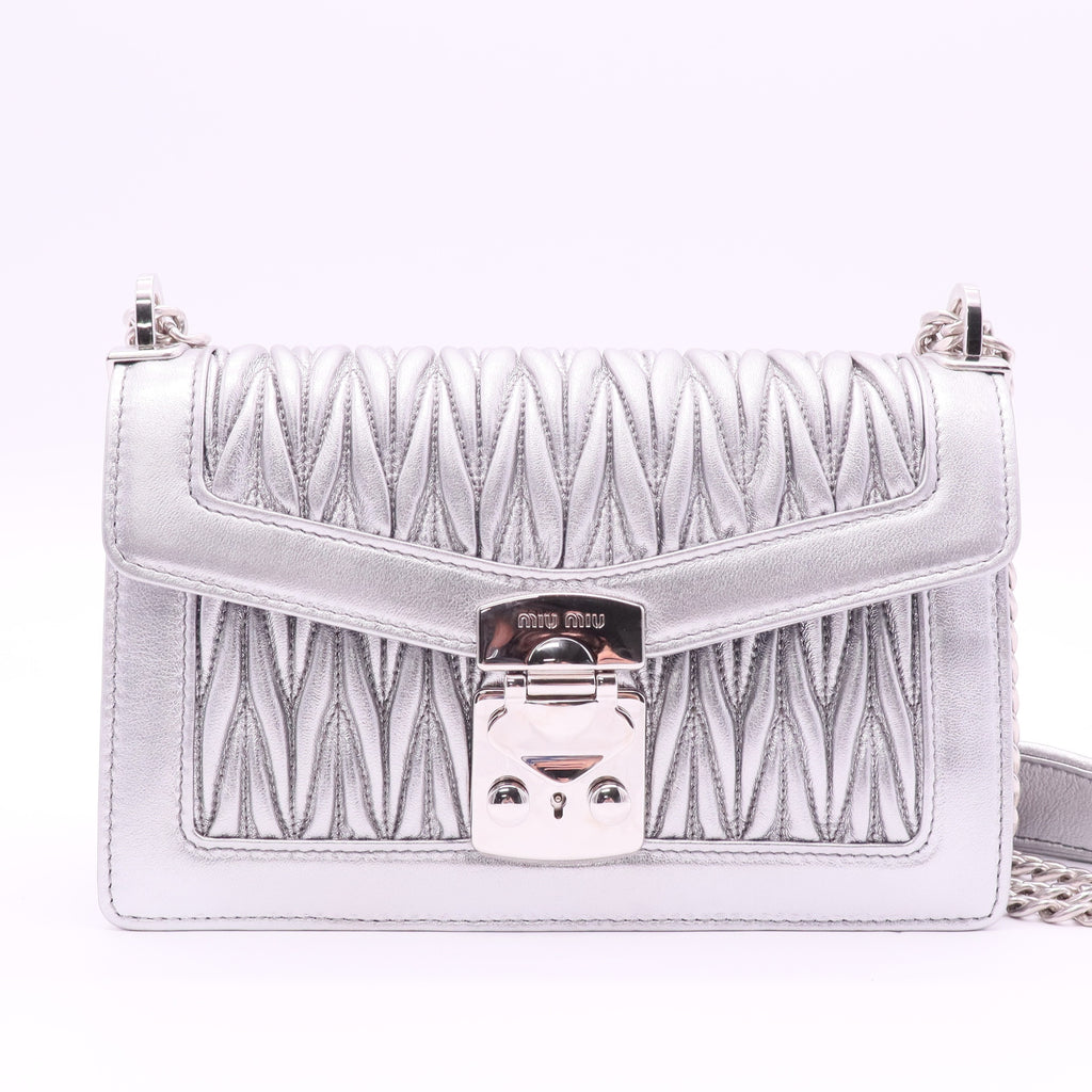 Small Metallic Silver Miu Confidential Matelassé Nappa Leather Bag