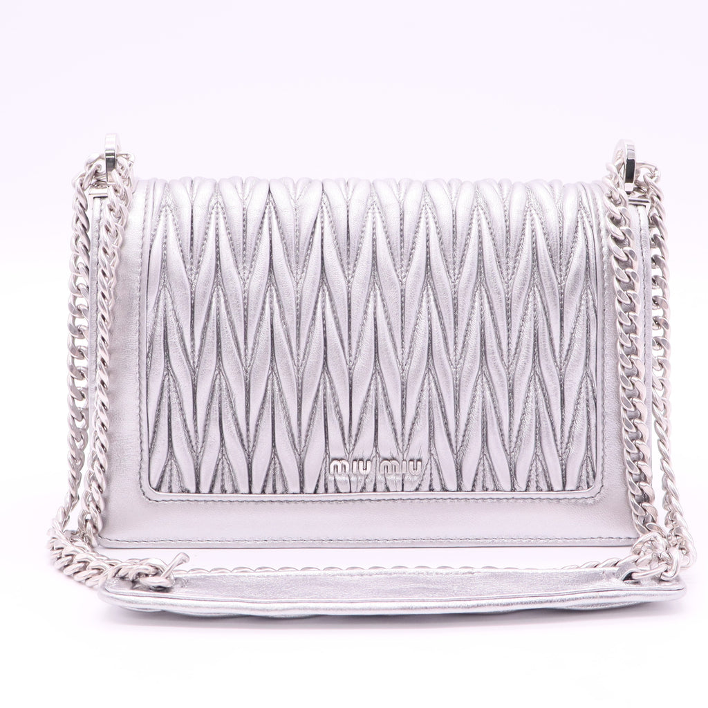 Small Metallic Silver Miu Confidential Matelassé Nappa Leather Bag