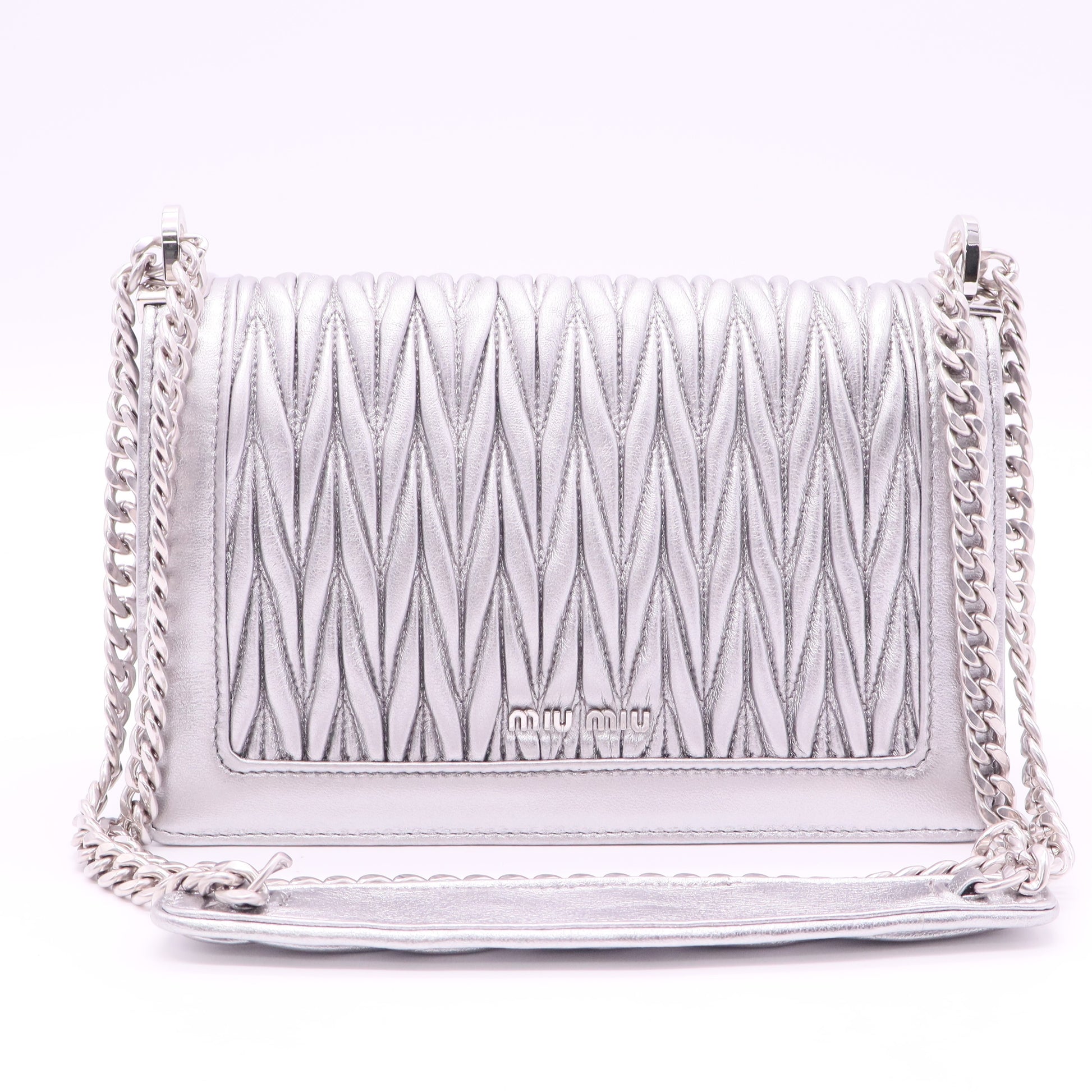 Small Metallic Silver Miu Confidential Matelassé Nappa Leather Bag