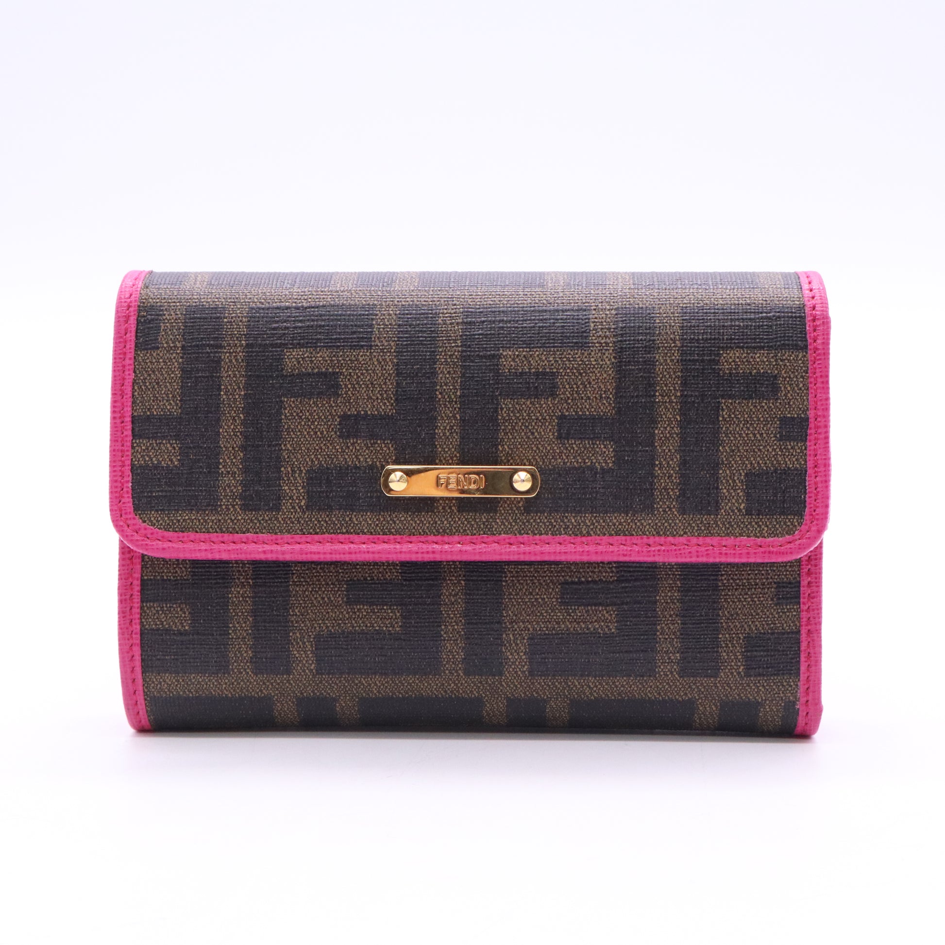 Fendi Pink/Brown Zucca Canvas and Leather Logo Trifold Compact Wallet TWINS W20788