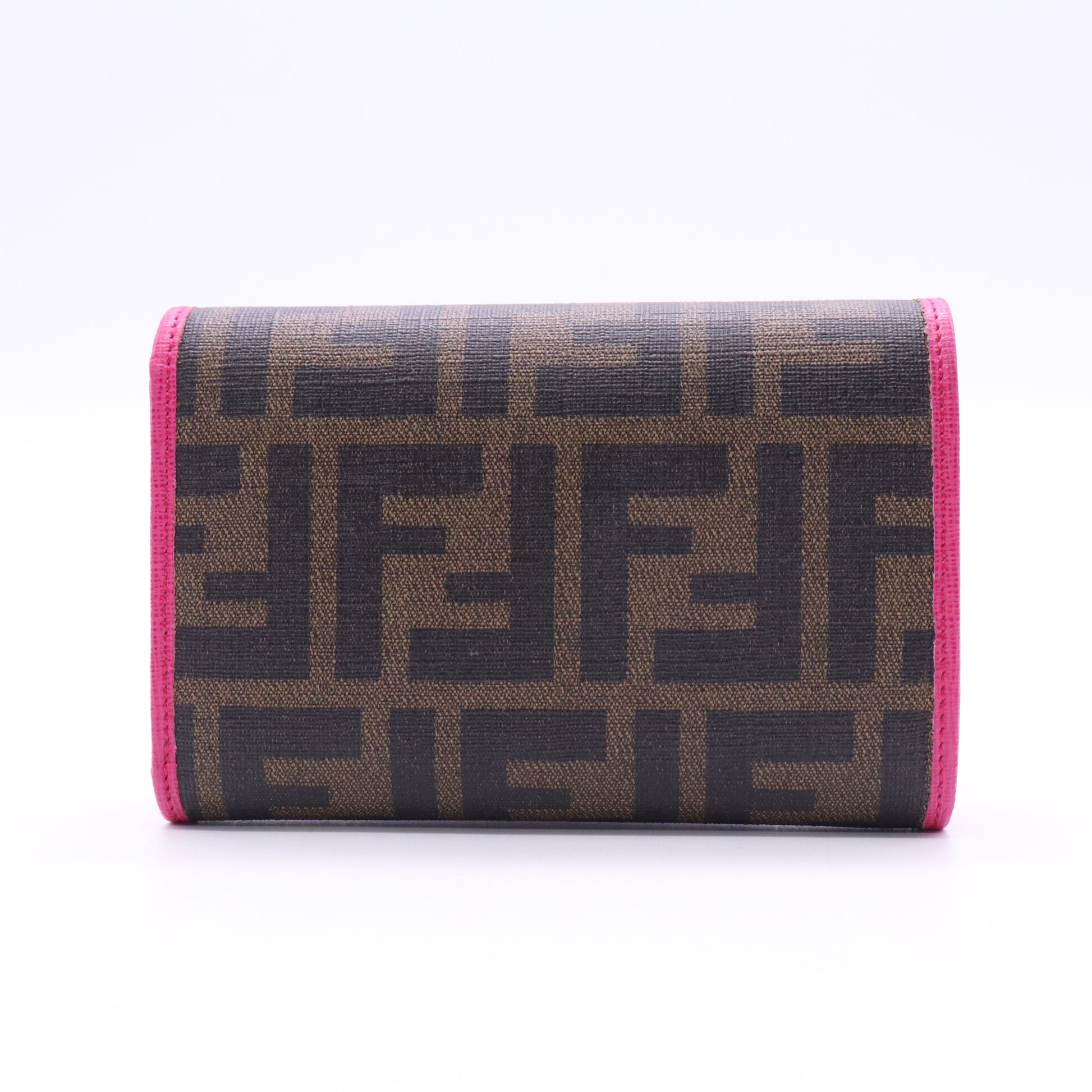 Fendi Pink/Brown Zucca Canvas and Leather Logo Trifold Compact Wallet TWINS W20788
