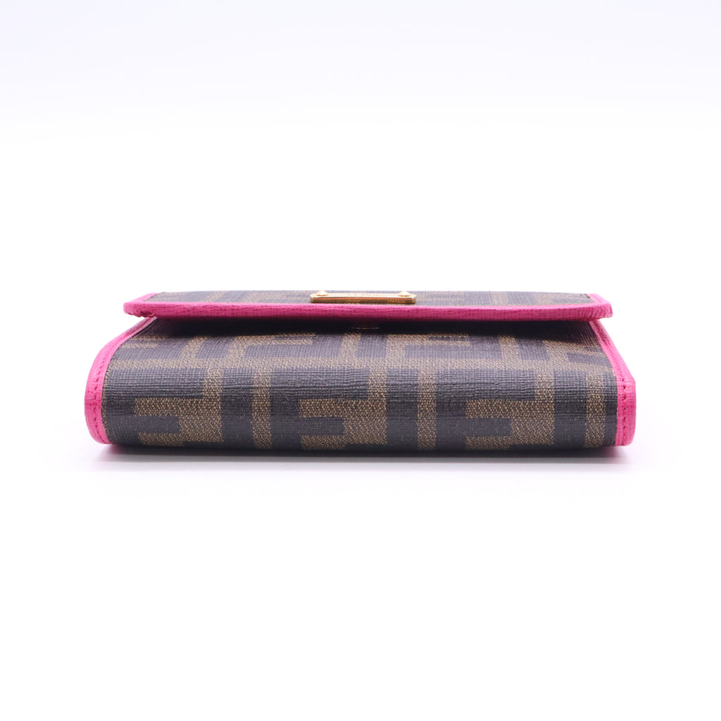 Fendi Pink/Brown Zucca Canvas and Leather Logo Trifold Compact Wallet TWINS W20788