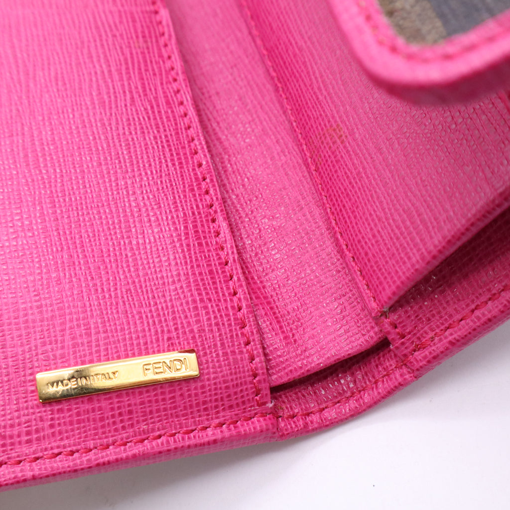 Fendi Pink/Brown Zucca Canvas and Leather Logo Trifold Compact Wallet TWINS W20788