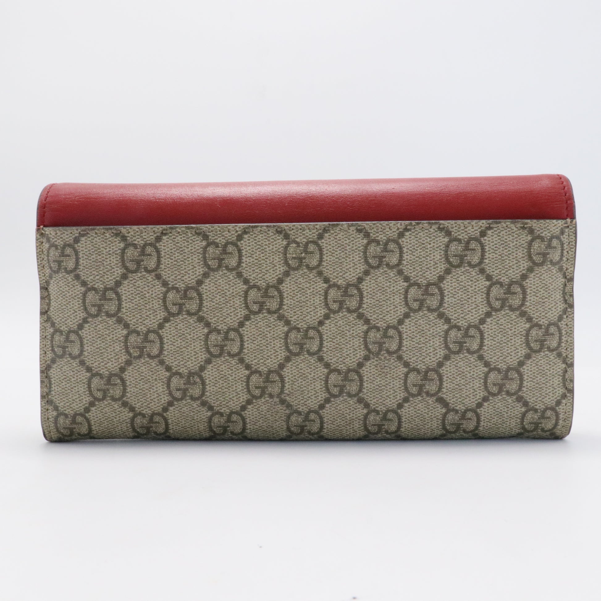 GG Supreme Monogram Calfskin Continental Wallet Beige Ebony Hibiscus Red New Rosette