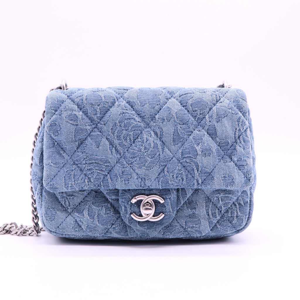 Denim Floral Jacquard Quilted Mini Flap Bag