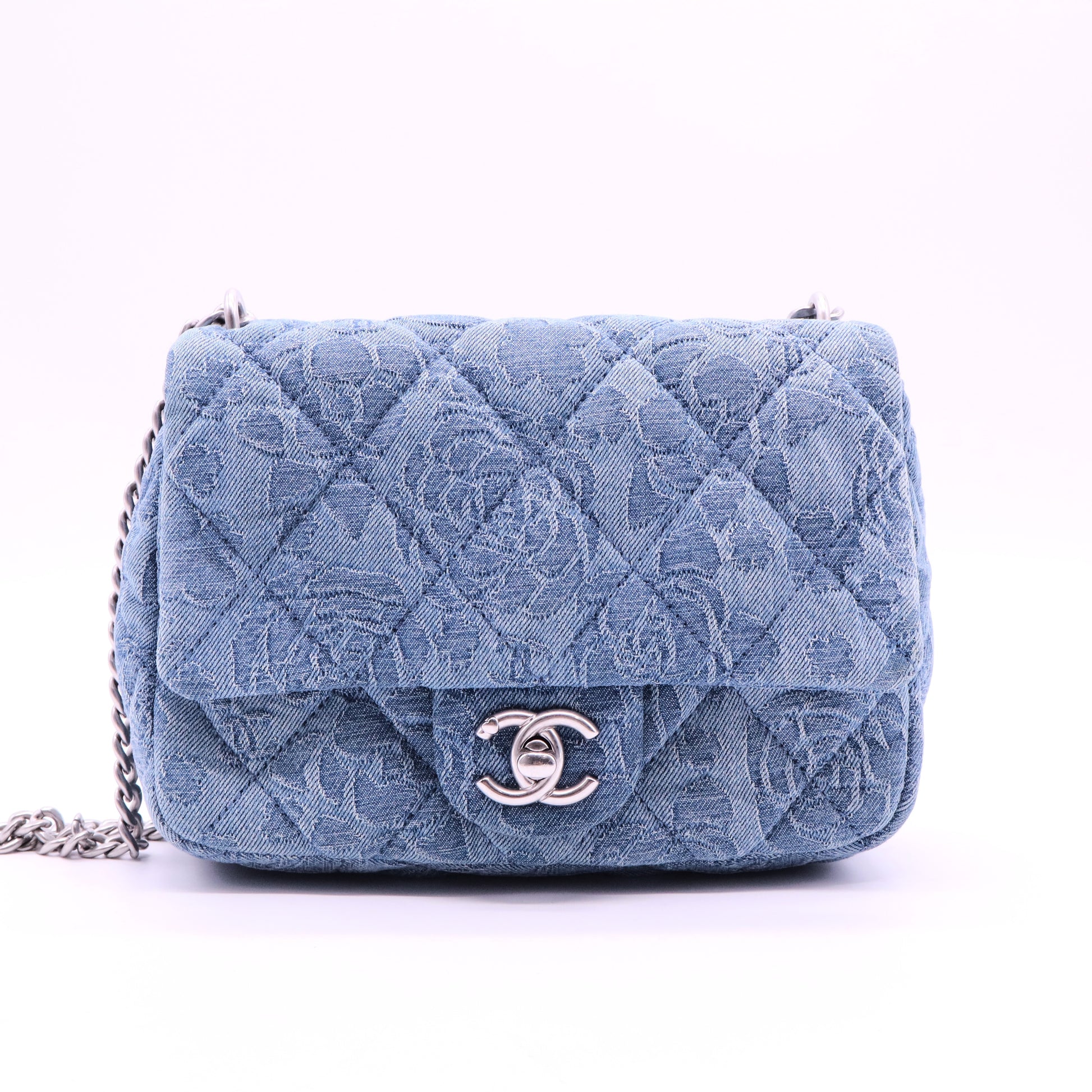 Denim Floral Jacquard Quilted Mini Flap Bag
