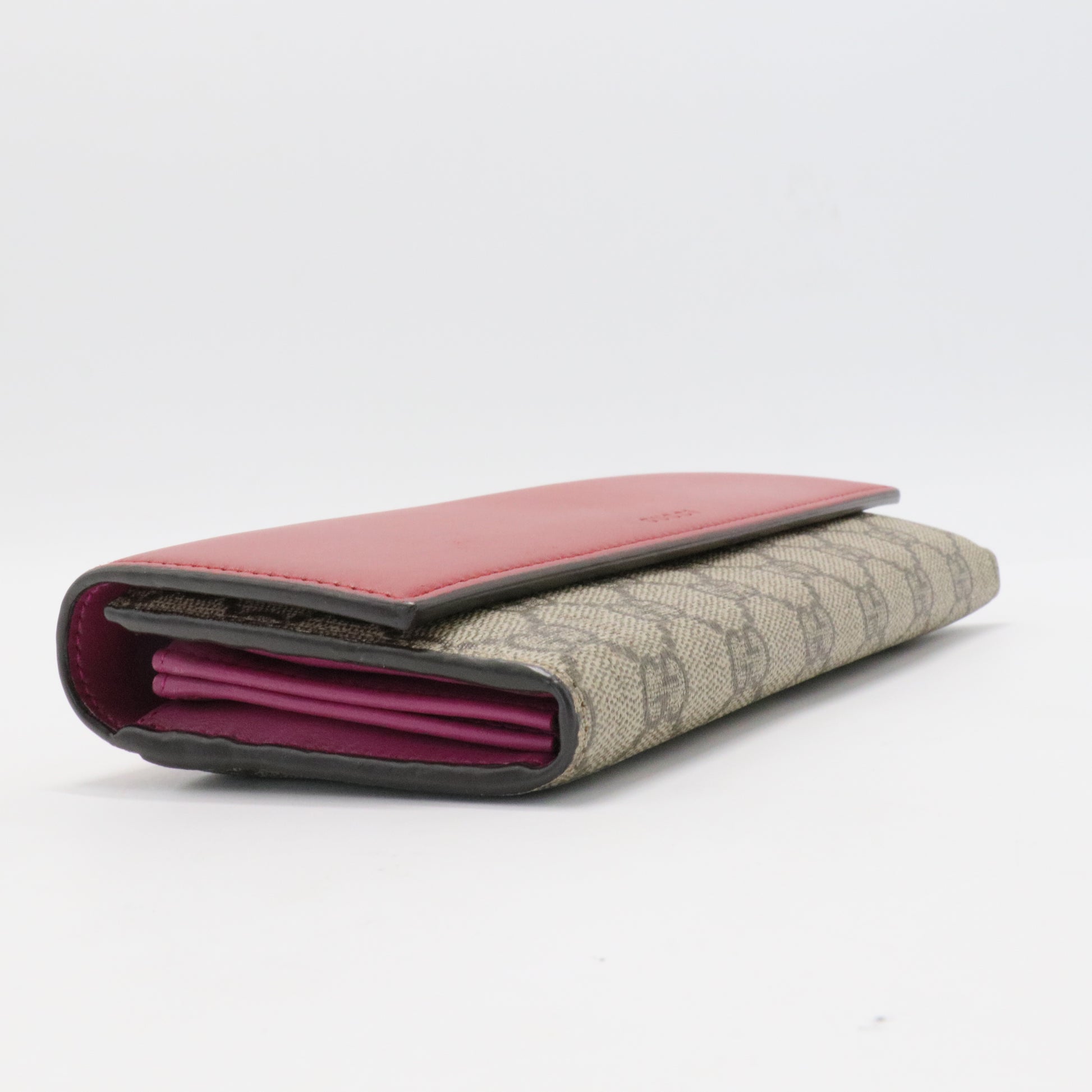 GG Supreme Monogram Calfskin Continental Wallet Beige Ebony Hibiscus Red New Rosette