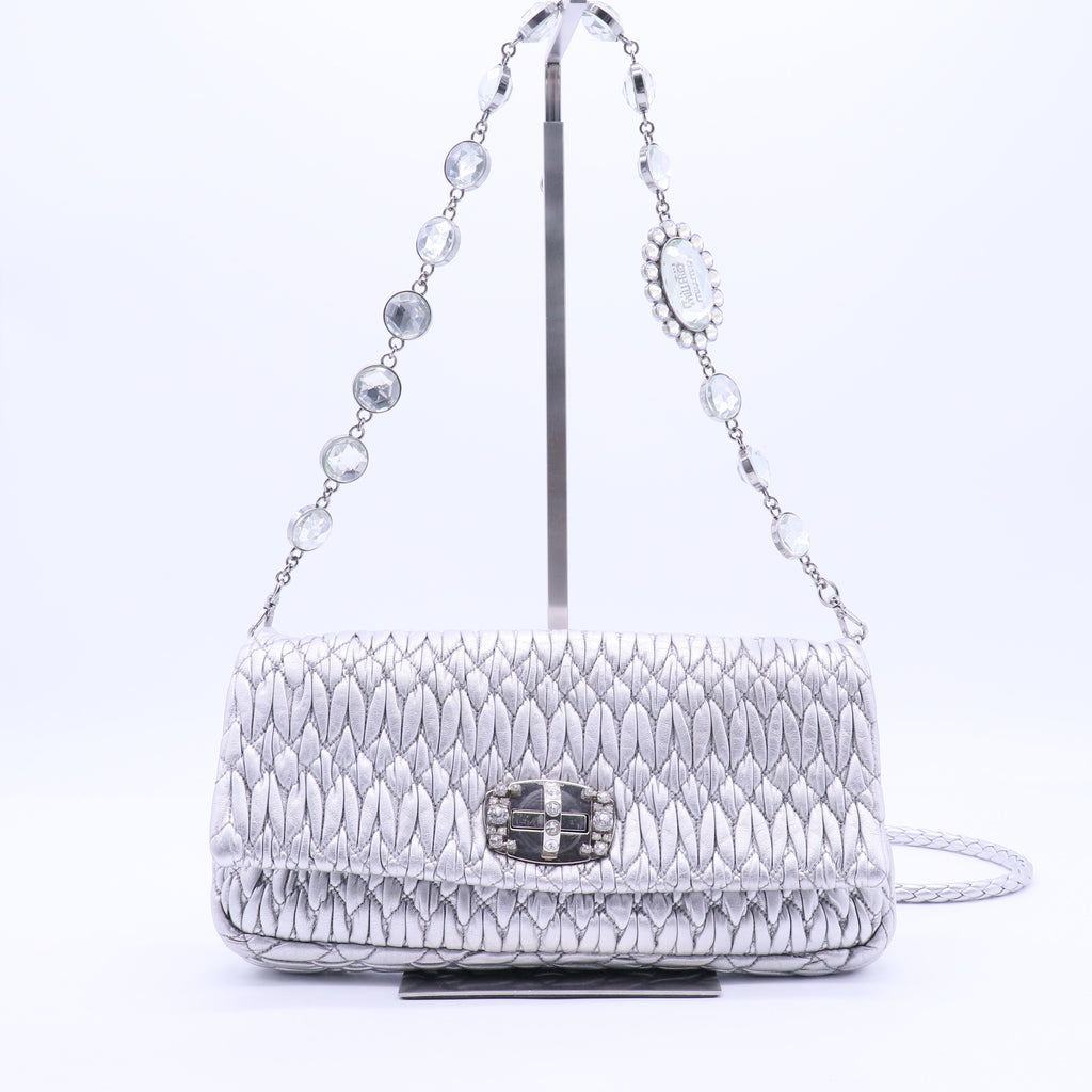 Metallic Silver Matelasse Leather Crystal Shoulder Bag B12259