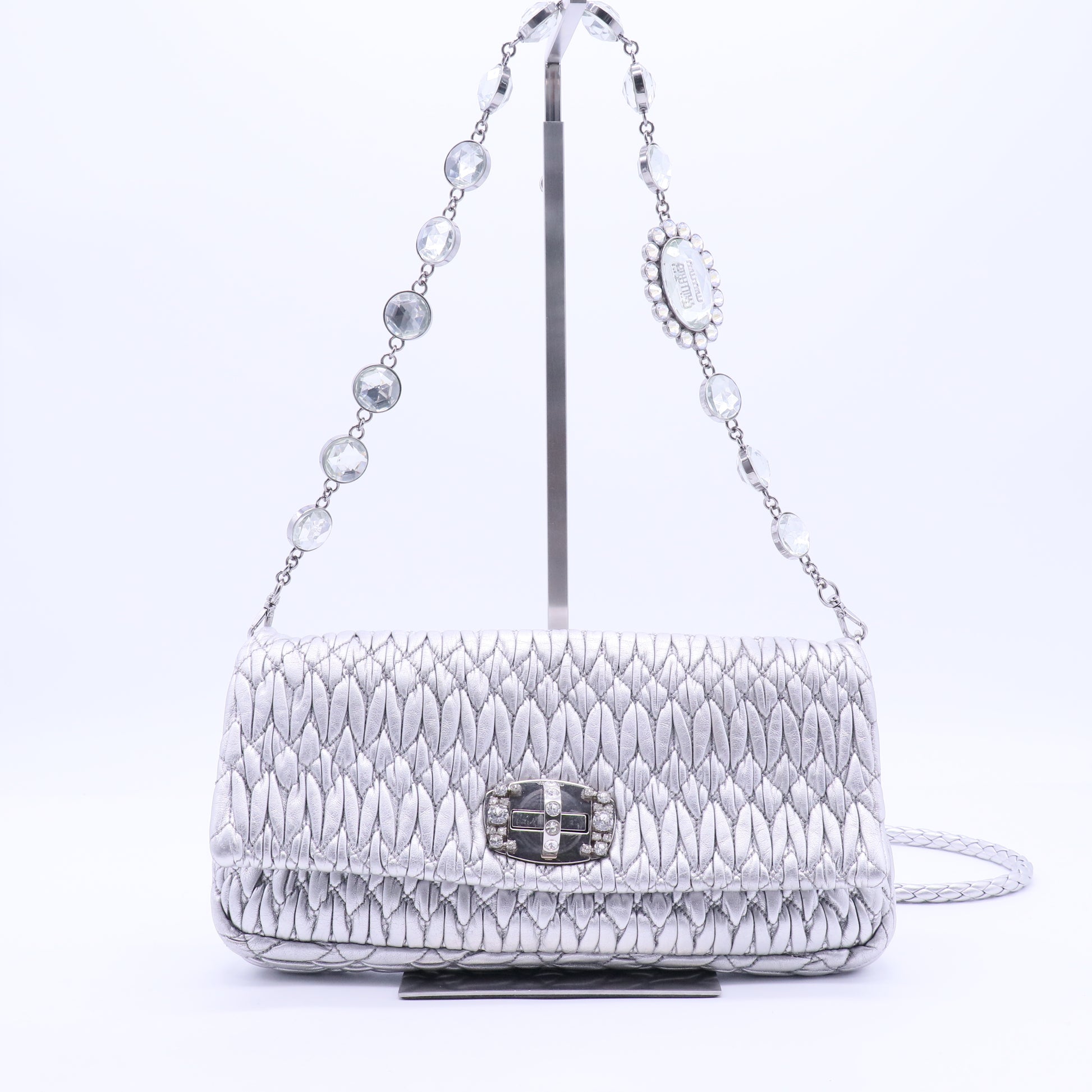 Metallic Silver Matelasse Leather Crystal Shoulder Bag B12259