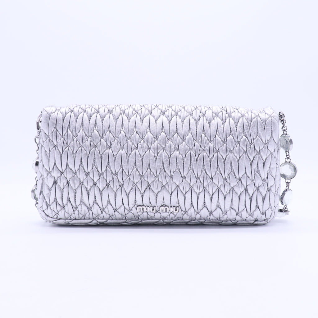 Metallic Silver Matelasse Leather Crystal Shoulder Bag B12259