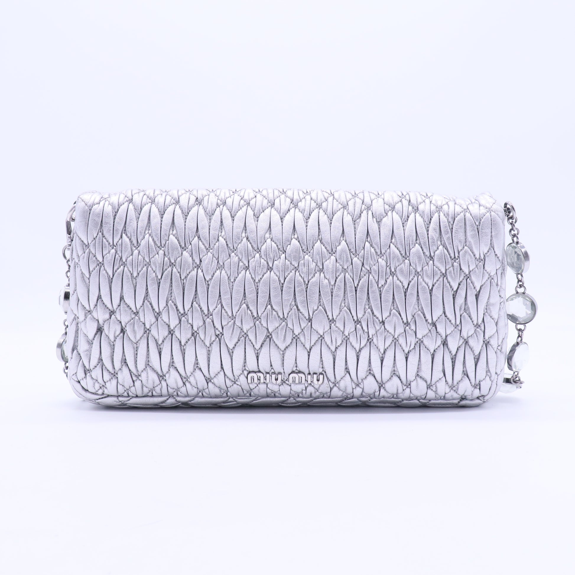 Metallic Silver Matelasse Leather Crystal Shoulder Bag B12259