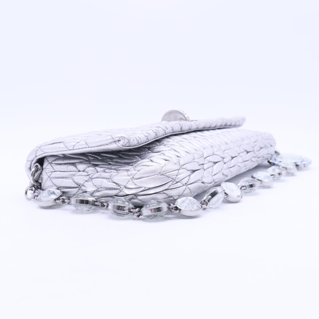 Metallic Silver Matelasse Leather Crystal Shoulder Bag B12259