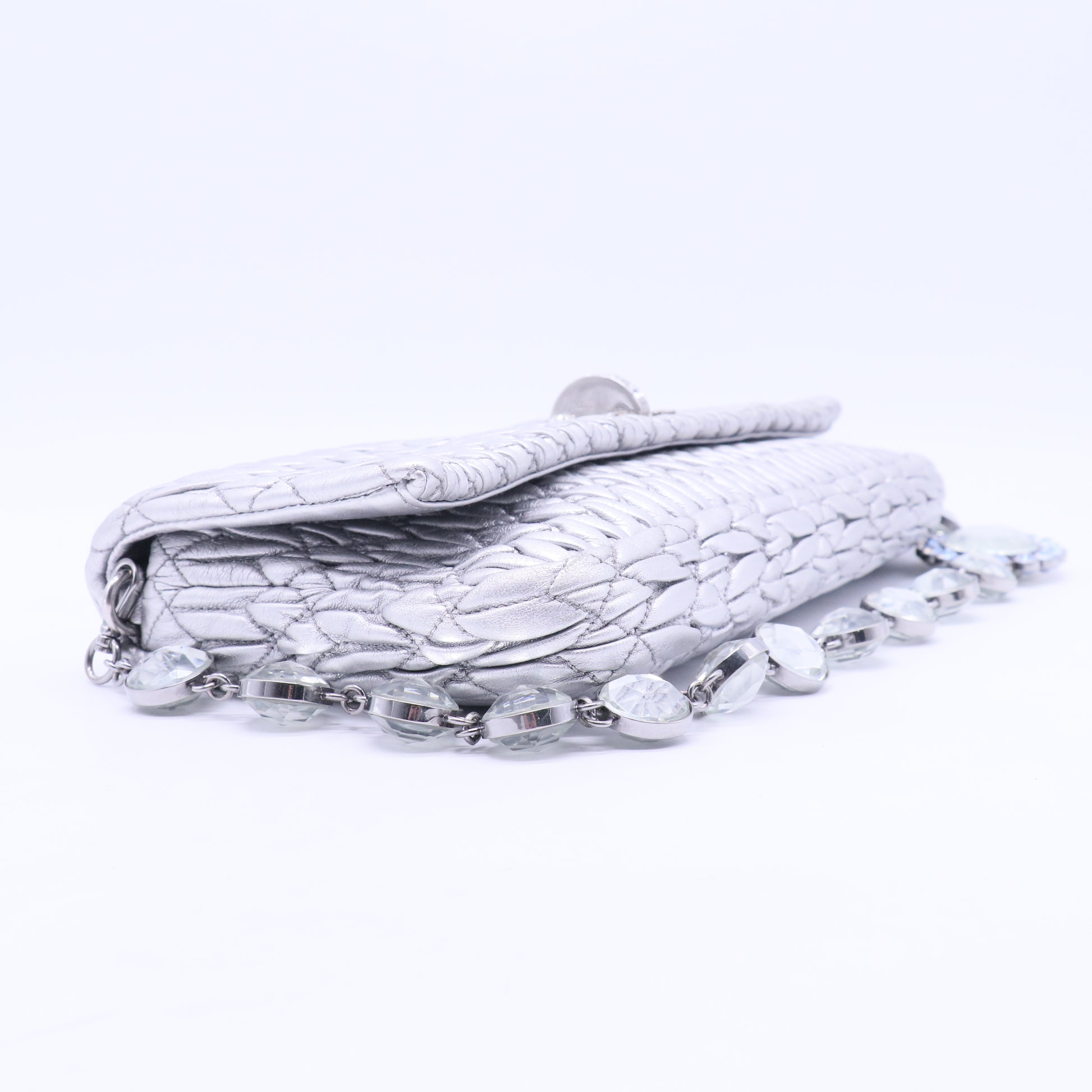 Metallic Silver Matelasse Leather Crystal Shoulder Bag B12259