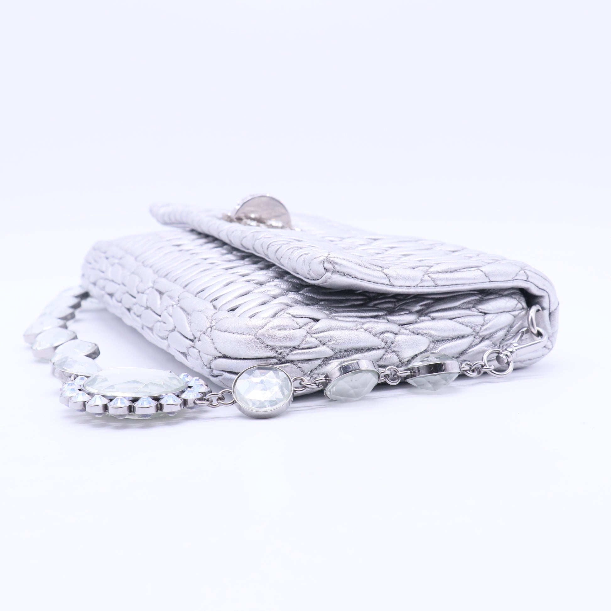 Metallic Silver Matelasse Leather Crystal Shoulder Bag B12259
