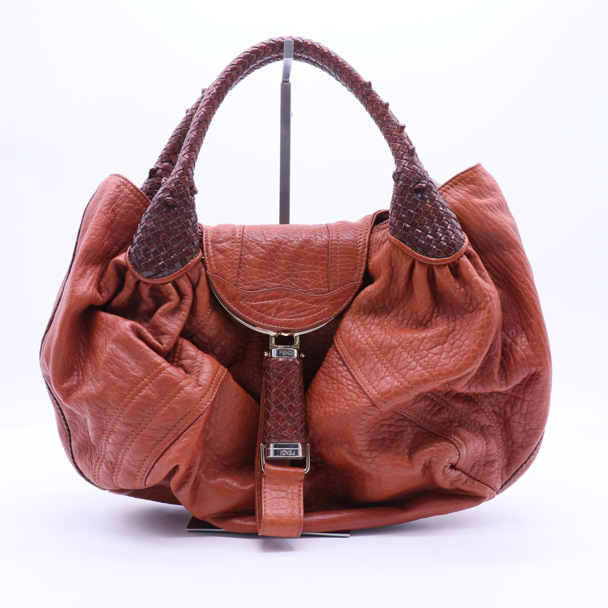 Brown Textured Leather Braided Handle Spy Hobo B20248