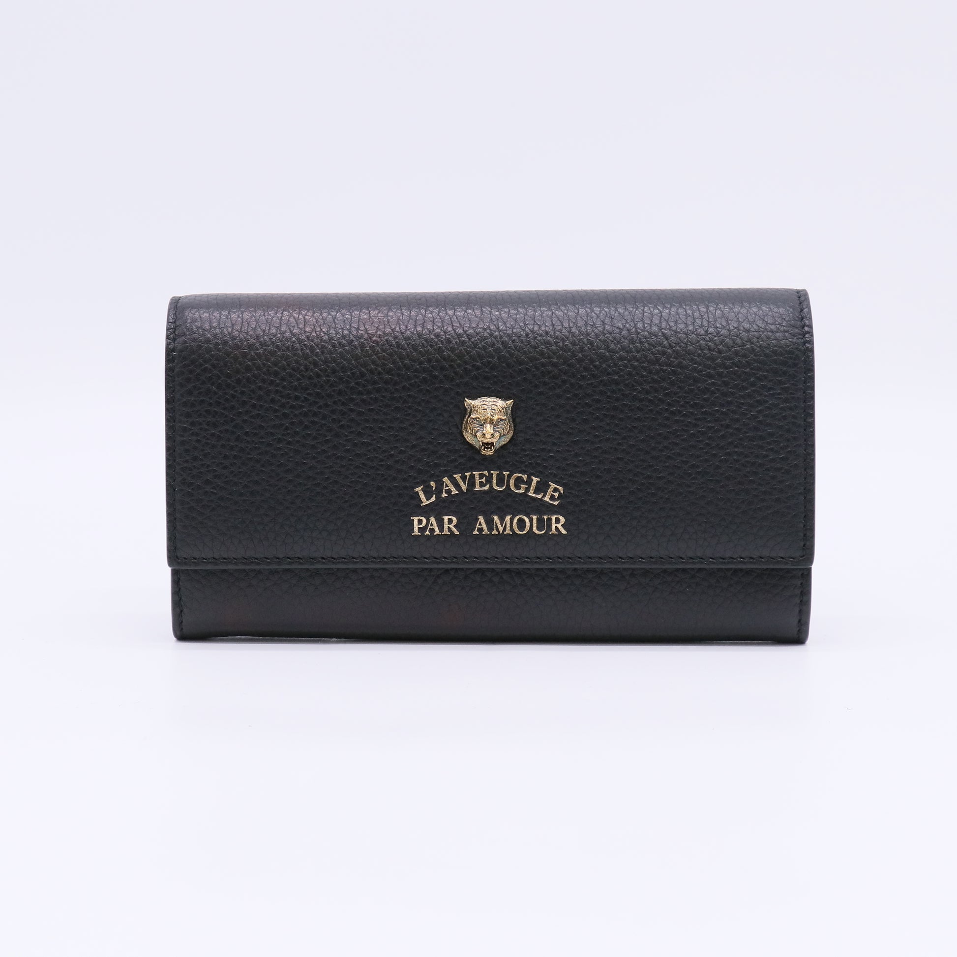 Gucci Black Leather Animalier Continental Wallet W22551