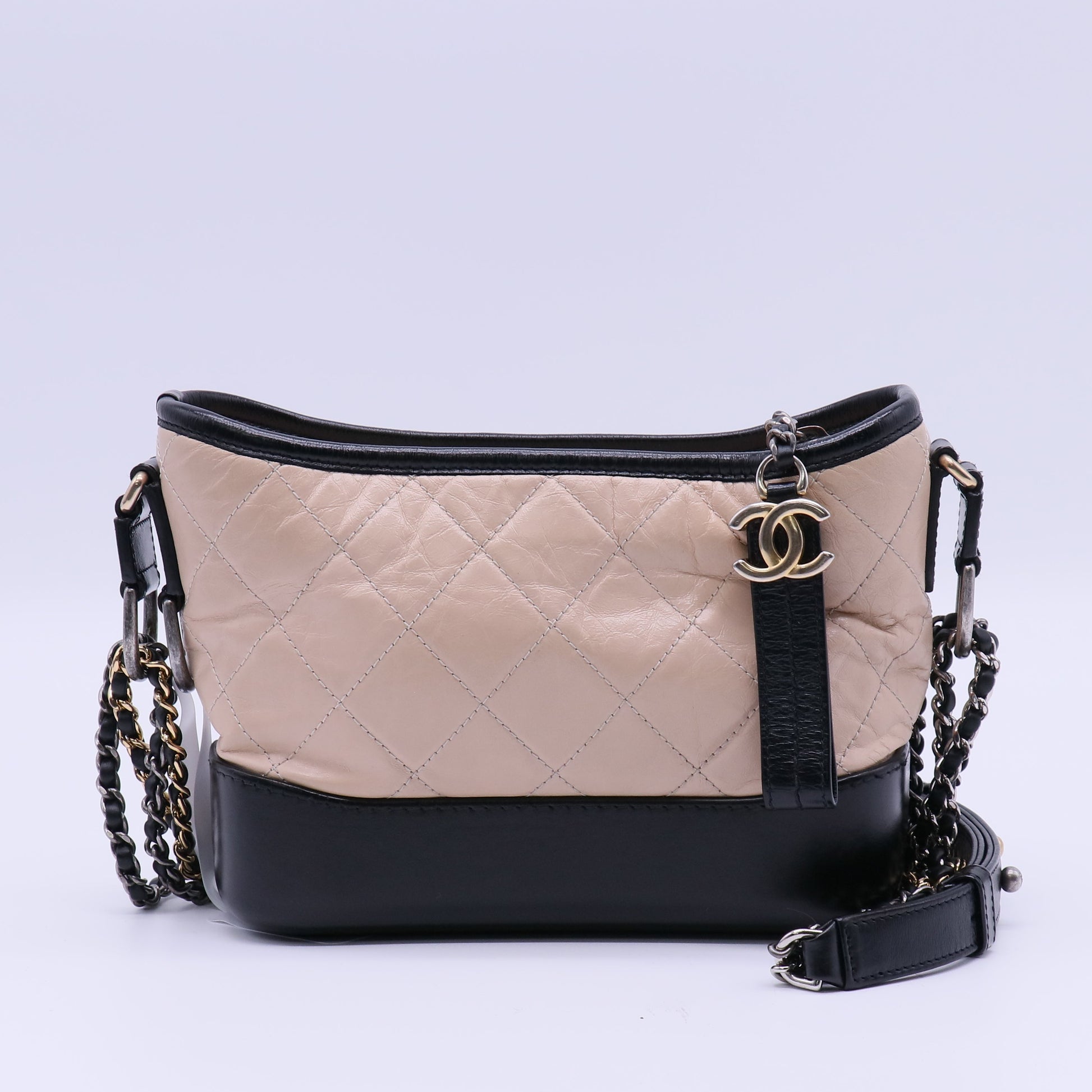 Chanel Aged Calfskin Quilted Medium Gabrielle Hobo Beige Black twins B22029