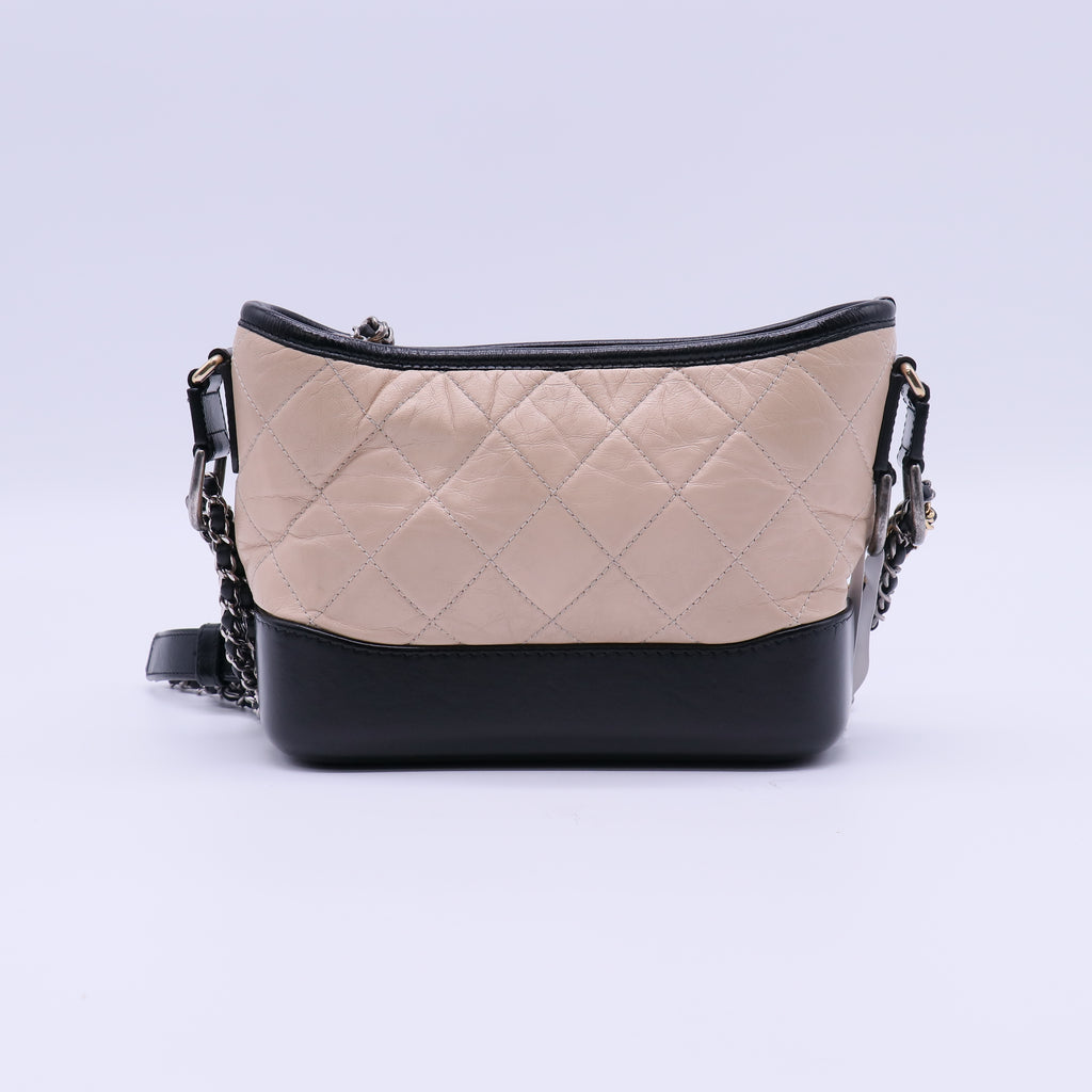 Chanel Aged Calfskin Quilted Medium Gabrielle Hobo Beige Black twins B22029