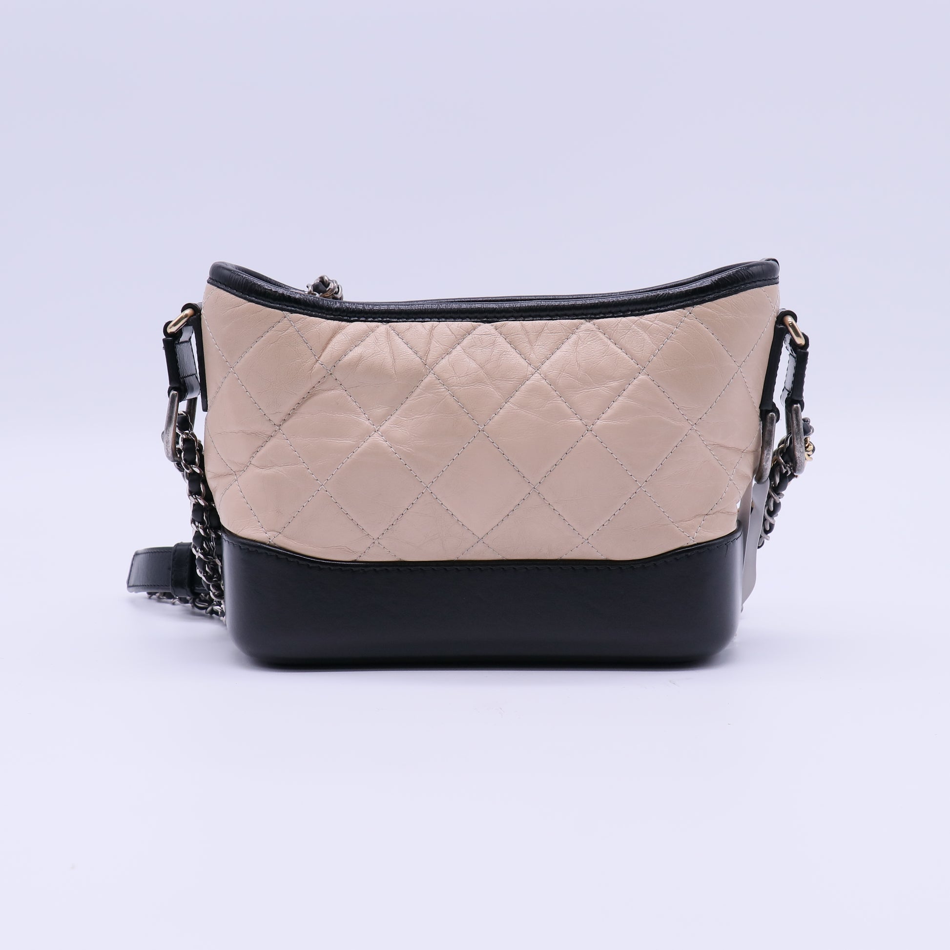 Chanel Aged Calfskin Quilted Medium Gabrielle Hobo Beige Black twins B22029