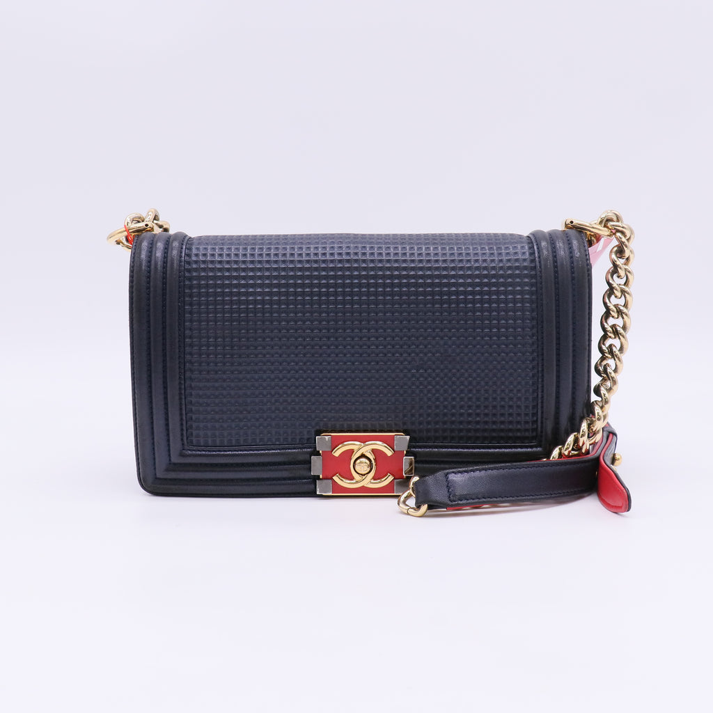 Chanel Metallic Blue Cube Embossed Lambskin Leather Medium Boy Bag twins LDJ5556