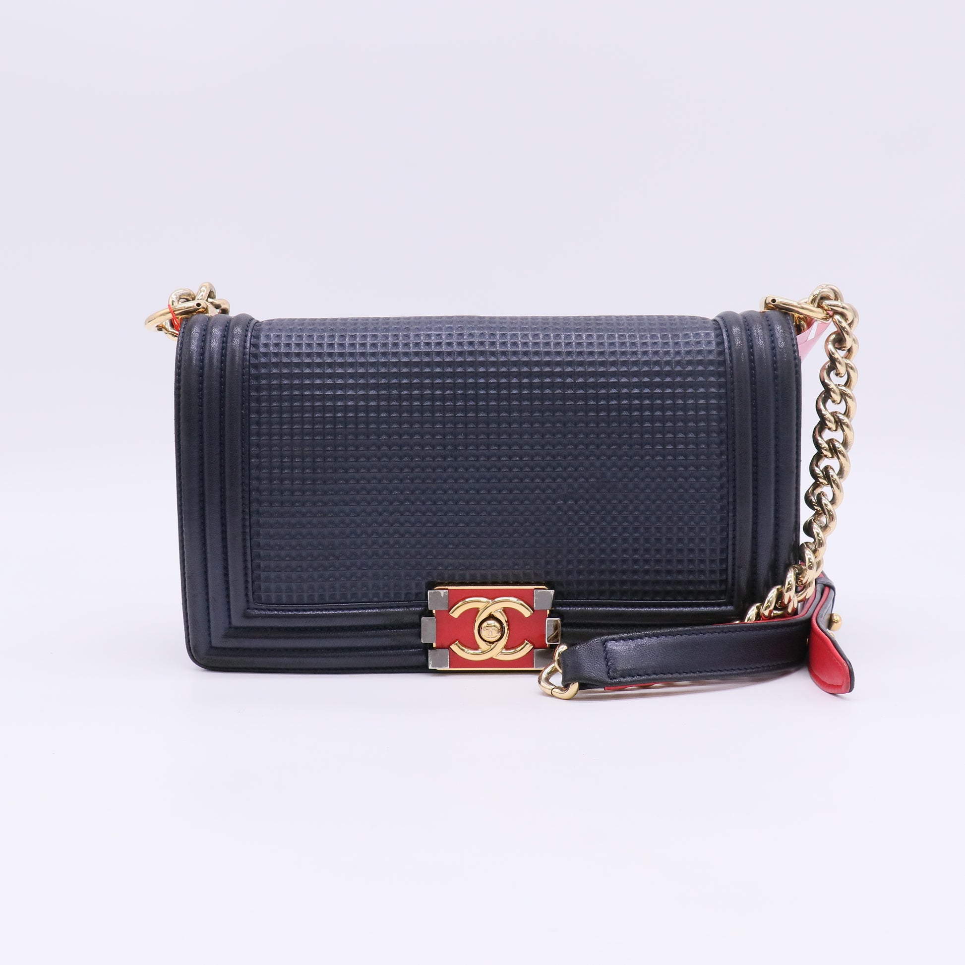 Chanel Metallic Blue Cube Embossed Lambskin Leather Medium Boy Bag twins LDJ5556