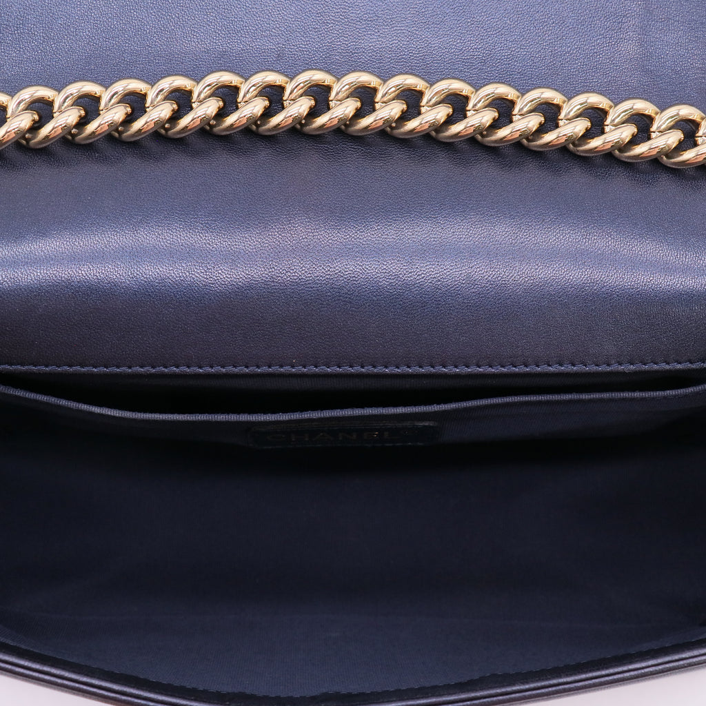 Chanel Metallic Blue Cube Embossed Lambskin Leather Medium Boy Bag twins LDJ5556