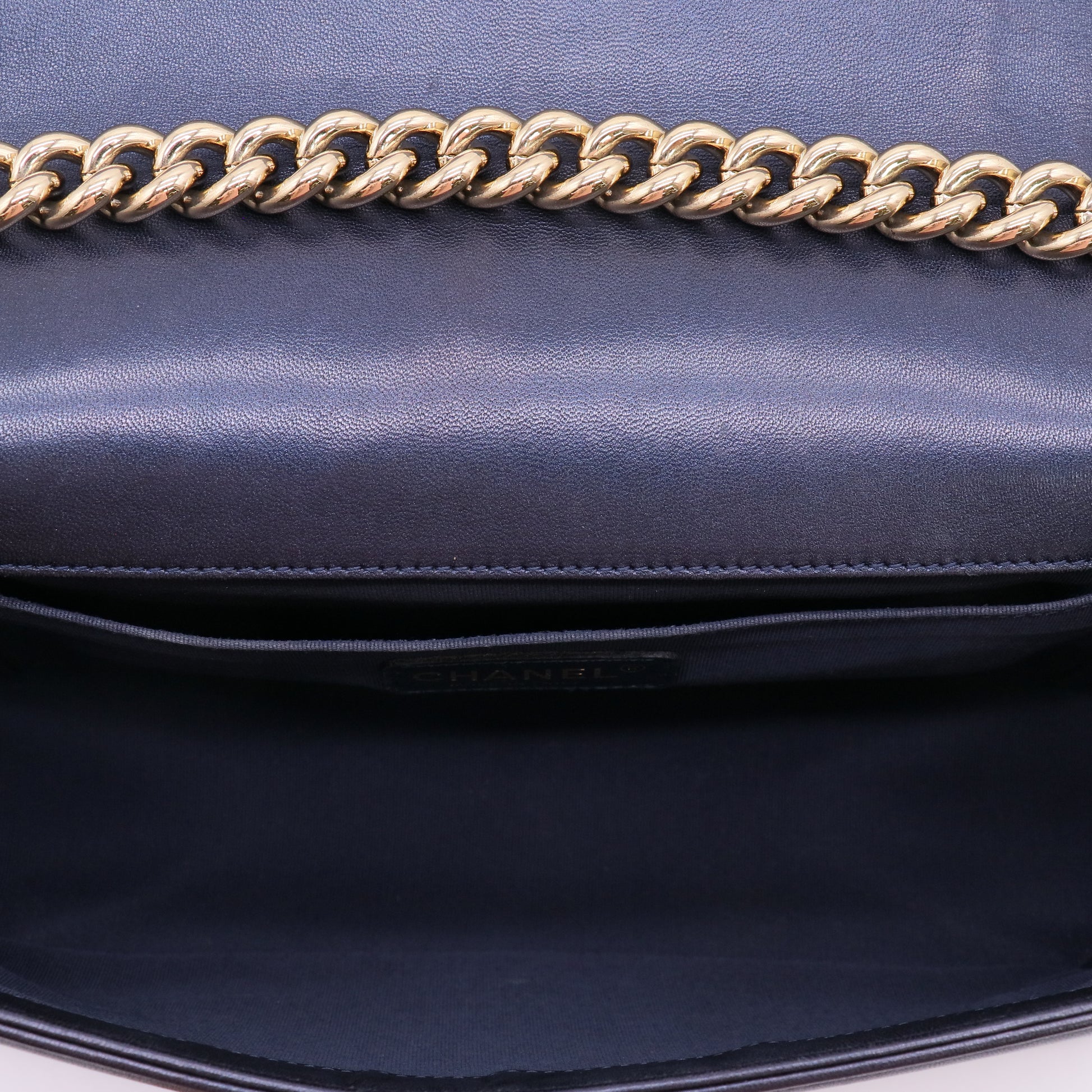 Chanel Metallic Blue Cube Embossed Lambskin Leather Medium Boy Bag twins LDJ5556