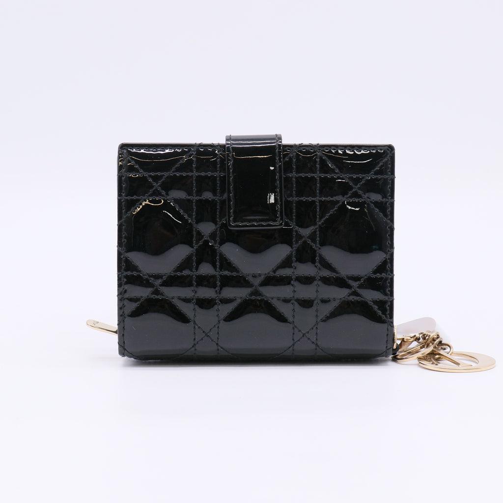 Dior Lady Dior Compact Wallet in Black Patent Cannage Leather W22556