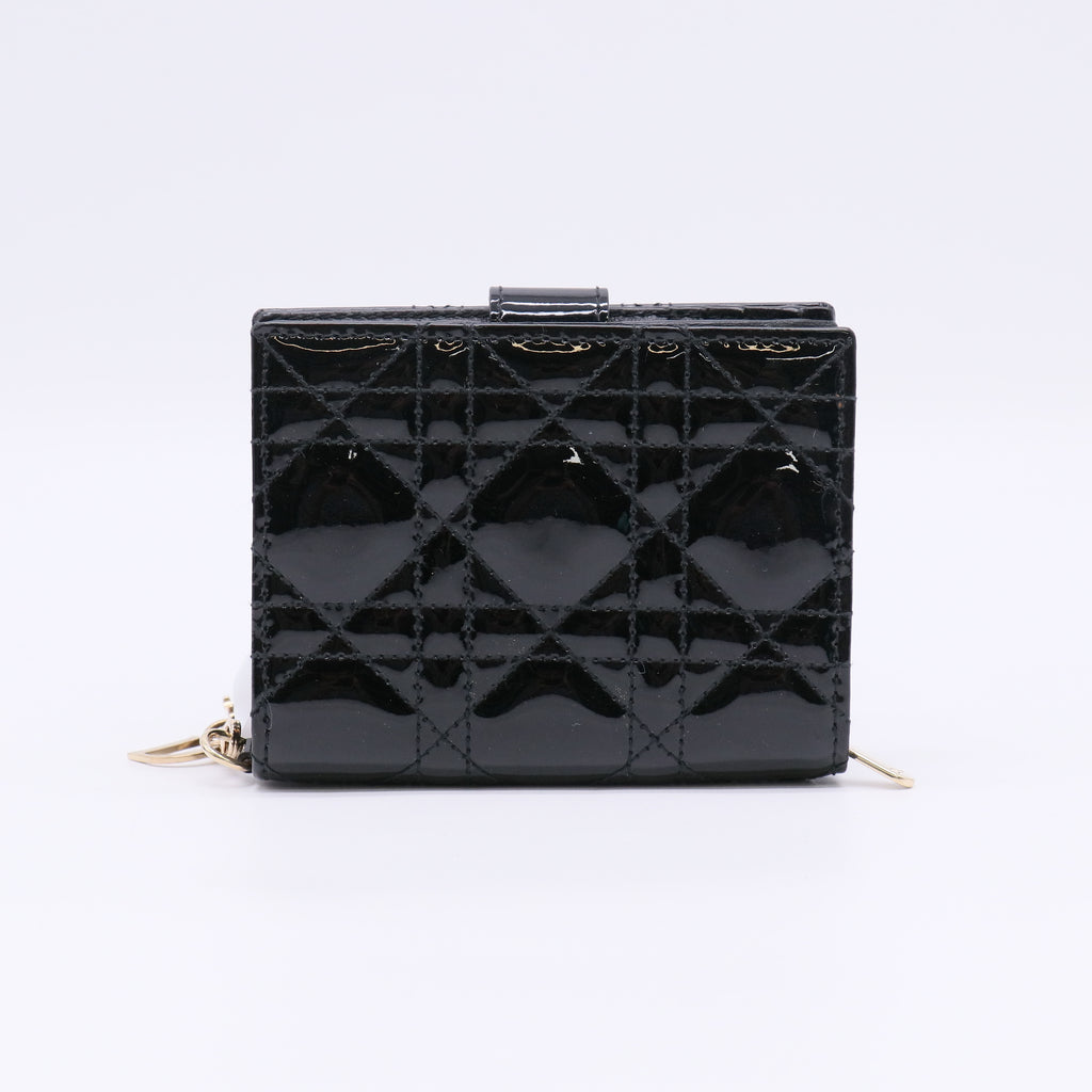 Dior Lady Dior Compact Wallet in Black Patent Cannage Leather W22556