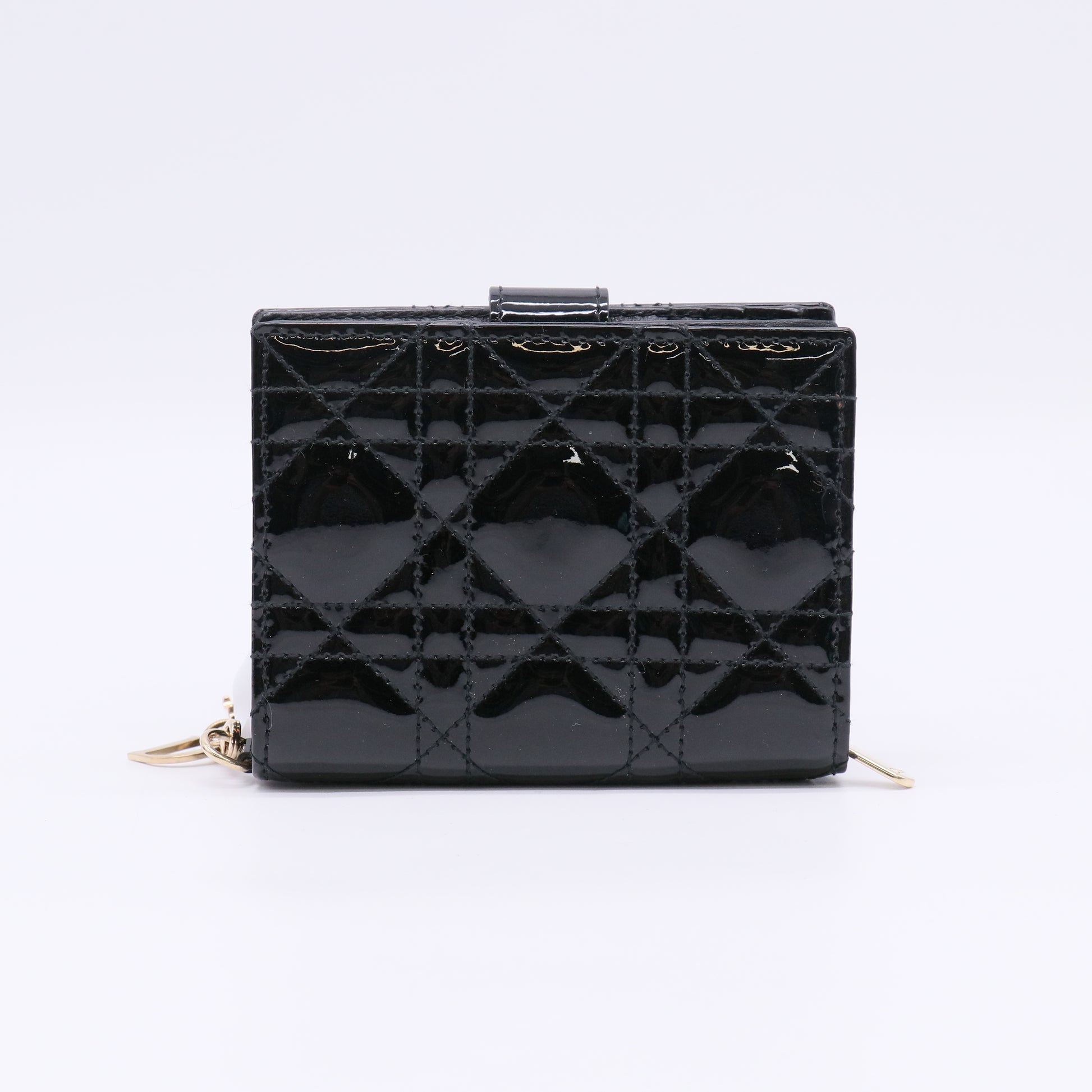 Dior Lady Dior Compact Wallet in Black Patent Cannage Leather W22556