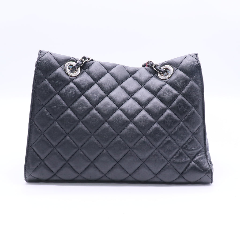 Calfskin Quilted Large Chic and Soft Shopping Tote Black Twins LDJ2781