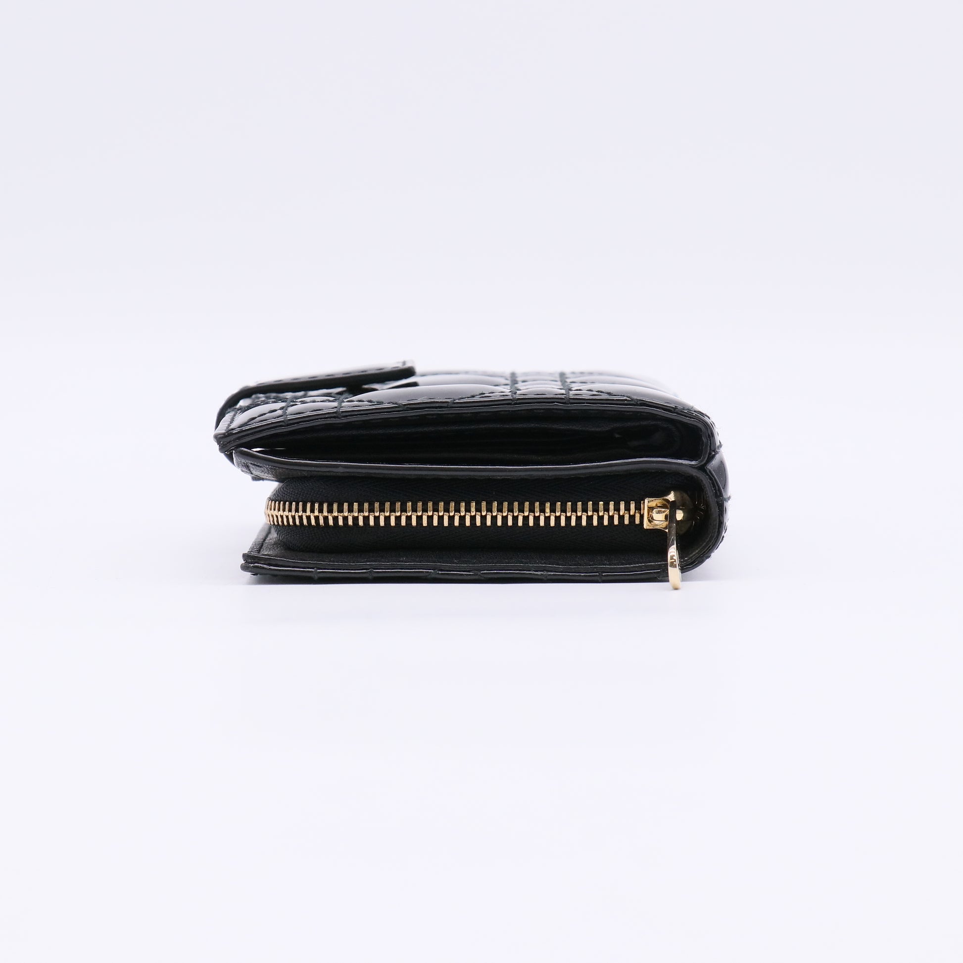 Dior Lady Dior Compact Wallet in Black Patent Cannage Leather W22556