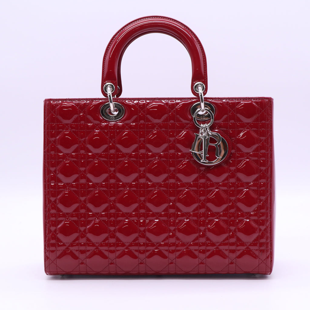 Red Cannage Quilted Patent Leather Large Lady Dior Tote Bag  B20726