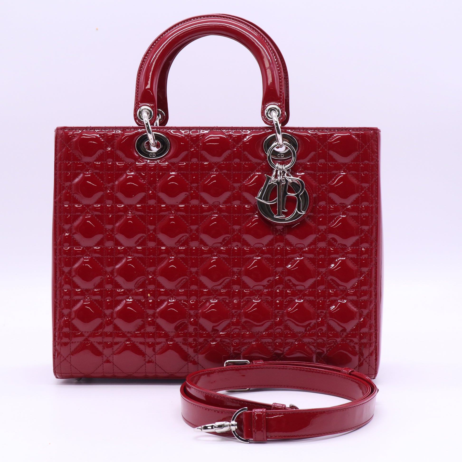 Red Cannage Quilted Patent Leather Large Lady Dior Tote Bag  B20726