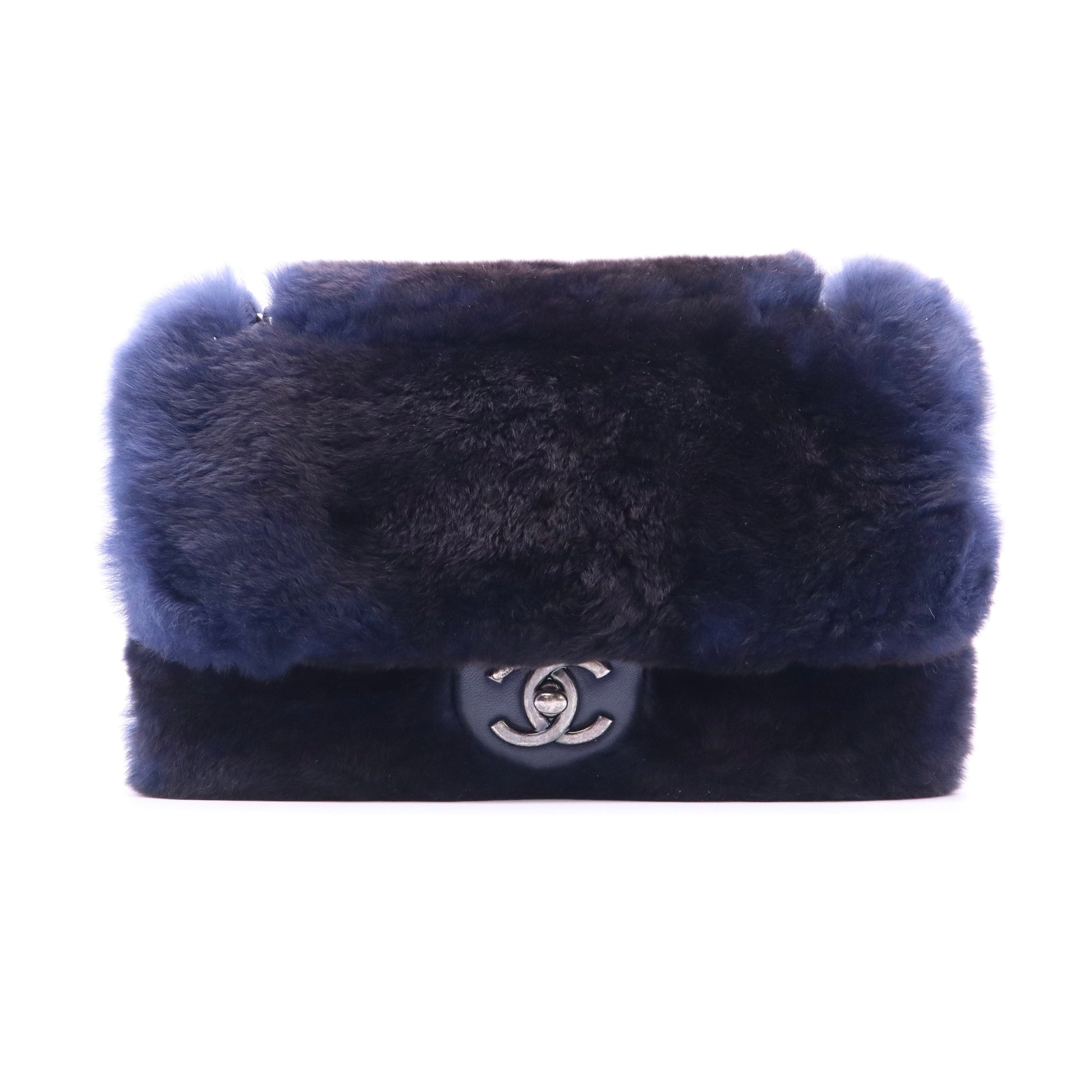 Chanel Rabbit Fur Medium Single Flap Navy Blue twins LDJ3561