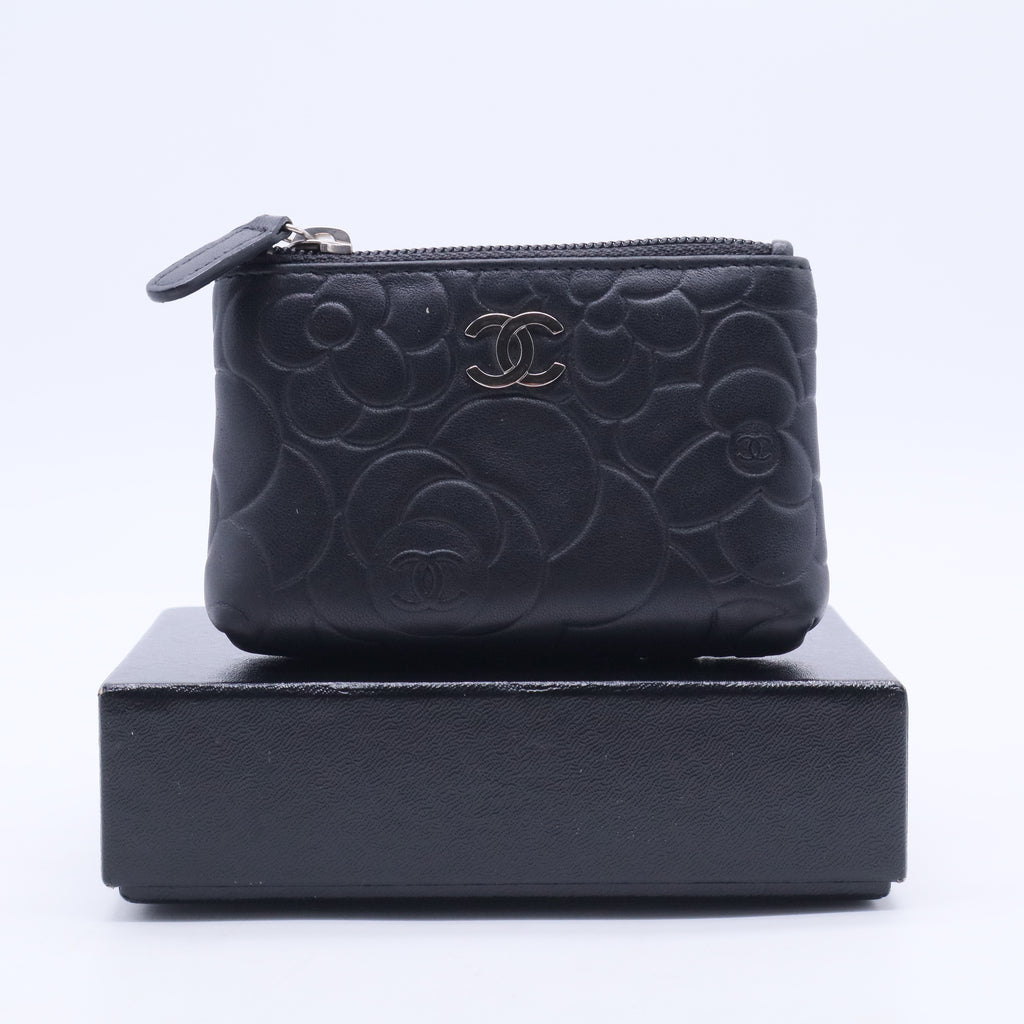 Black Camellia Embossed Lambskin Leather Small O-Case Zip Pouch W20267