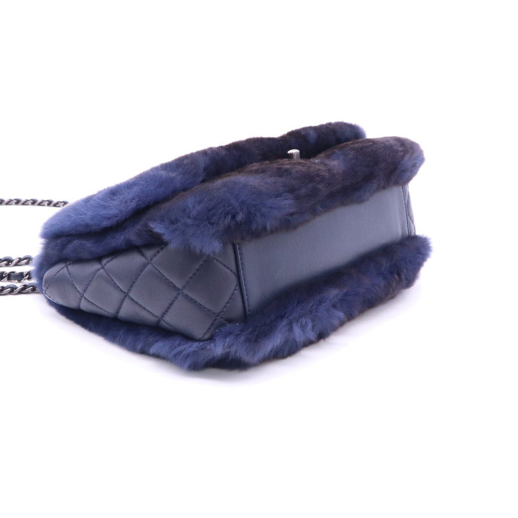 Chanel Rabbit Fur Medium Single Flap Navy Blue twins LDJ3561