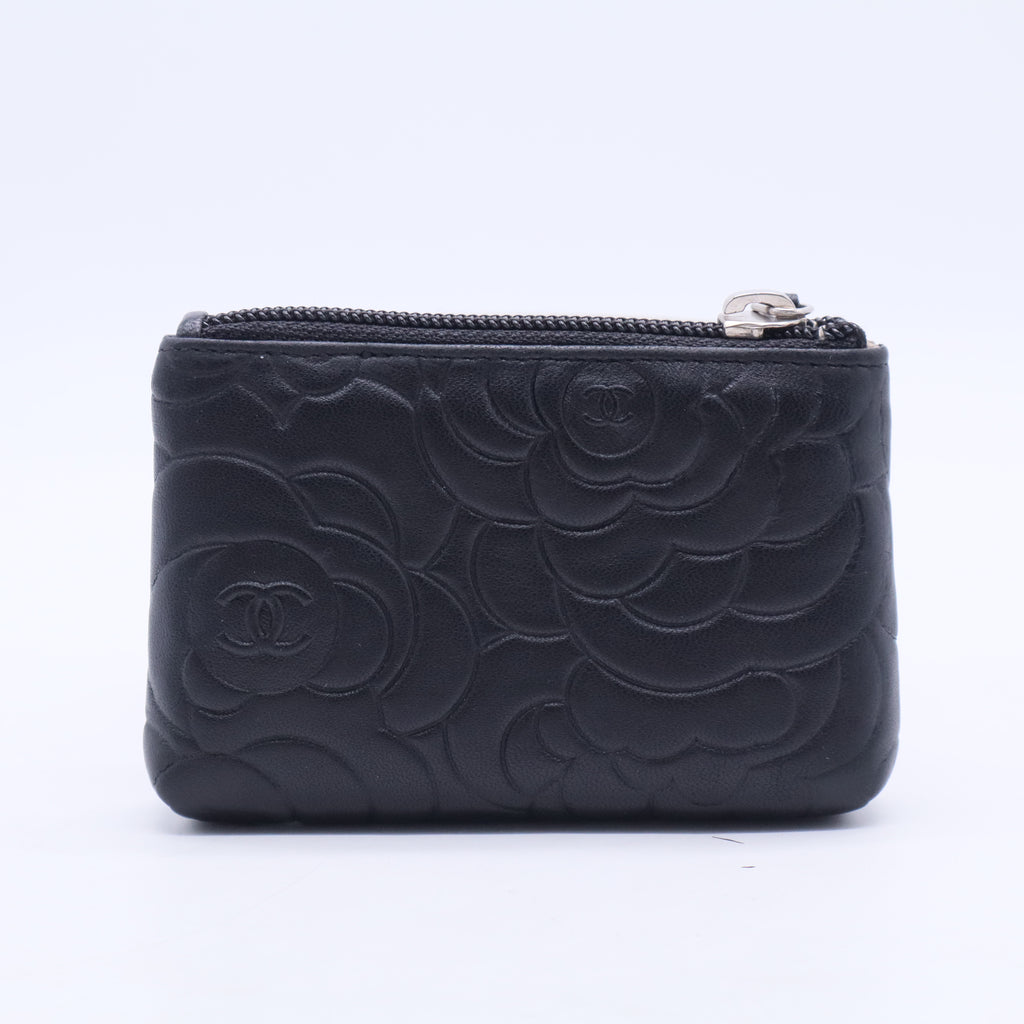 Black Camellia Embossed Lambskin Leather Small O-Case Zip Pouch W20267