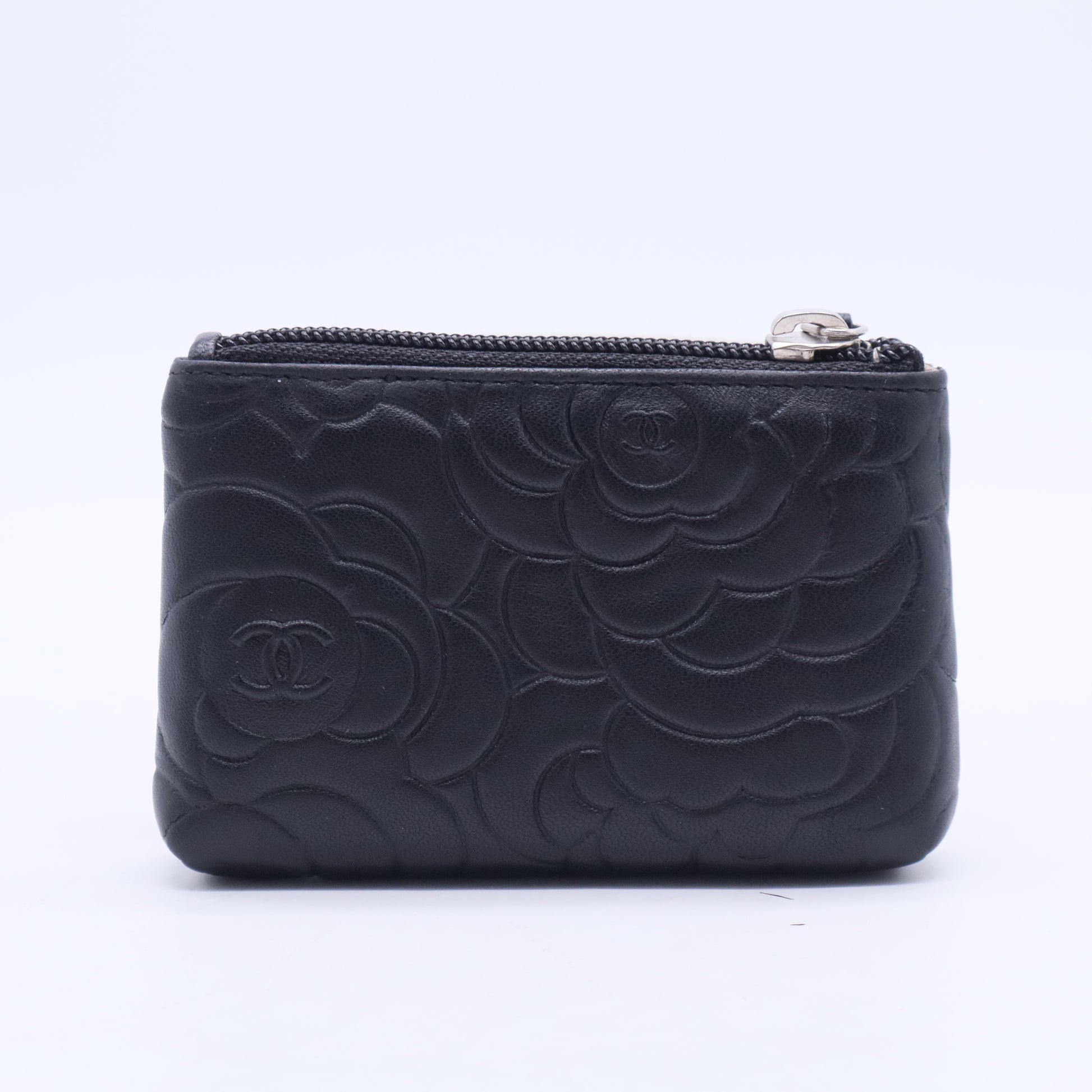 Black Camellia Embossed Lambskin Leather Small O-Case Zip Pouch W20267