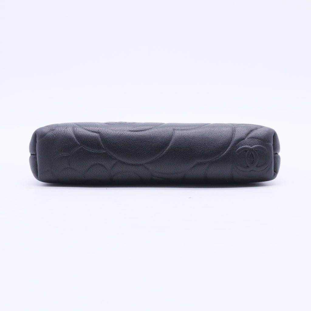 Black Camellia Embossed Lambskin Leather Small O-Case Zip Pouch W20267